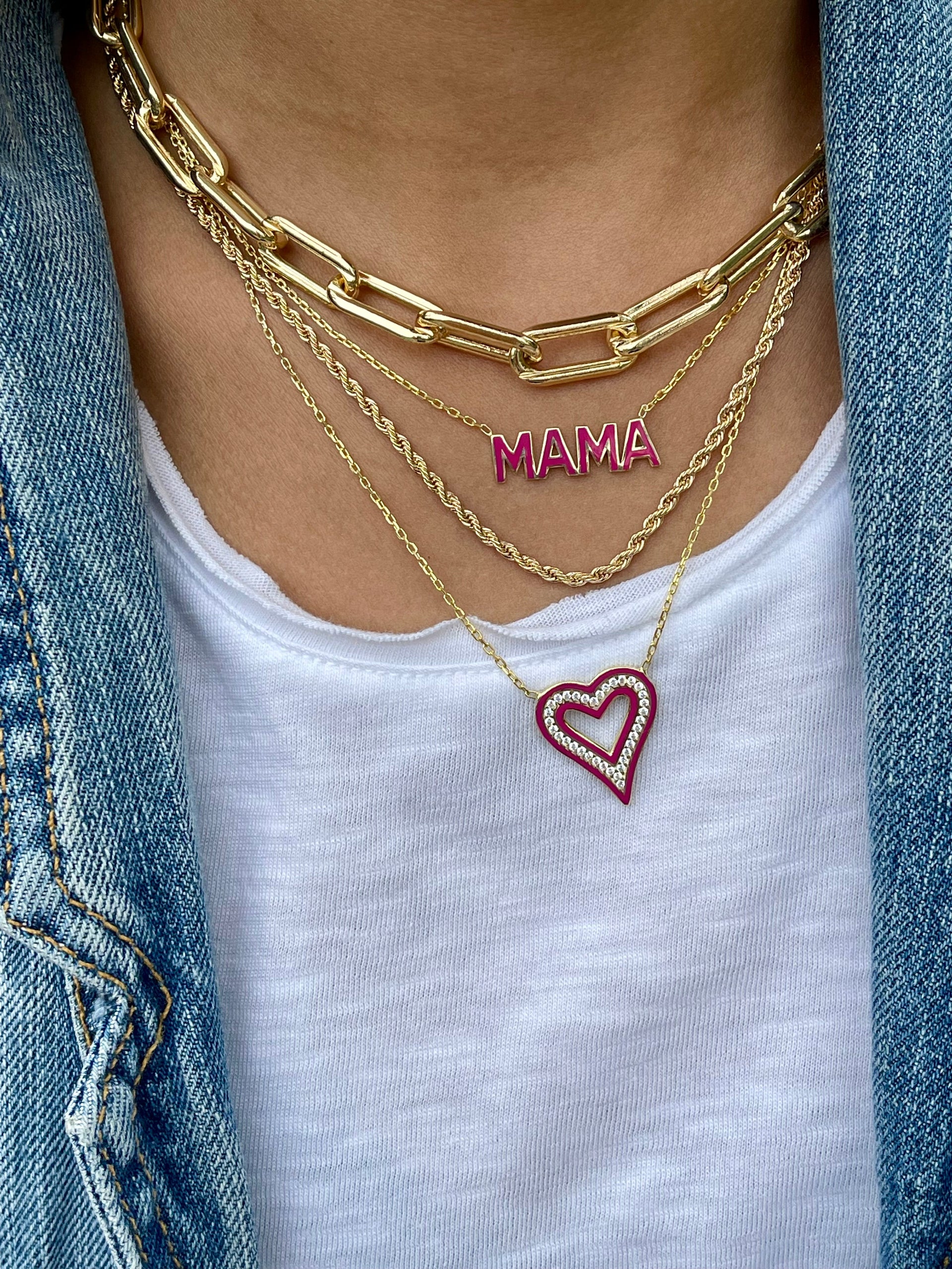 Enamel Open Heart Necklace - Pink