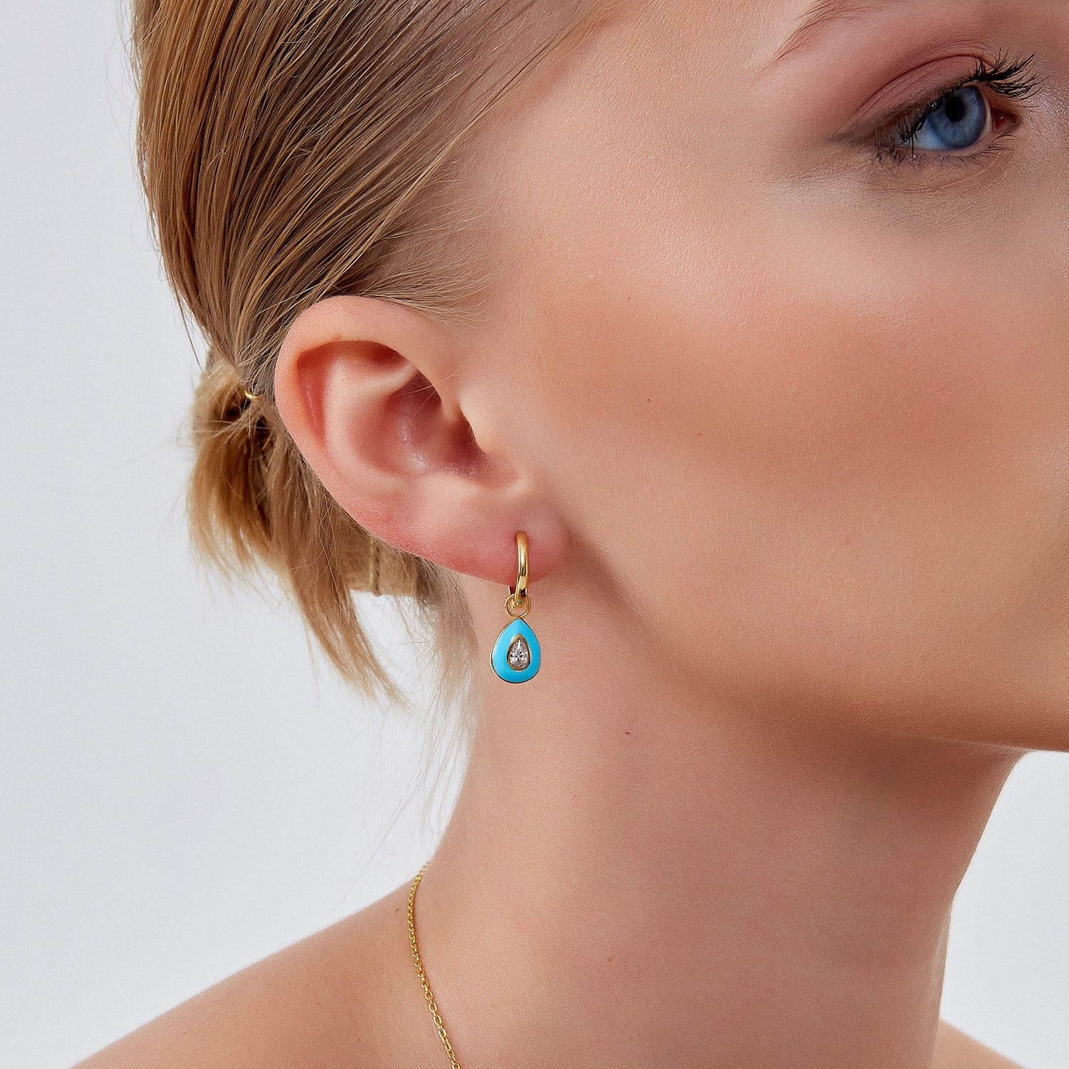 Enamelled Jewelled Sterling Silver Drop Hoop Earring - Blue