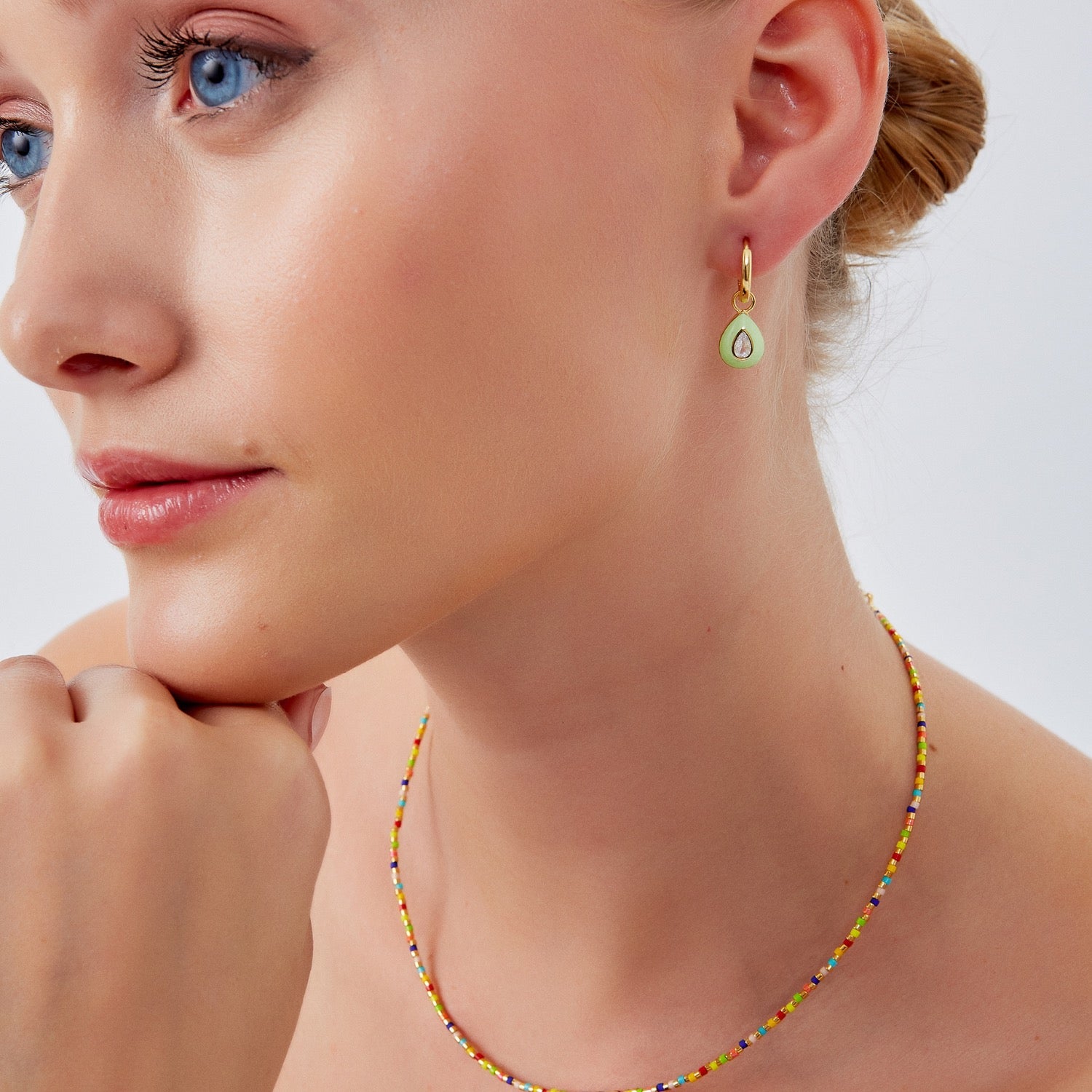 Enamelled Jewelled Sterling Silver Drop Hoop Earring Eau De Nil