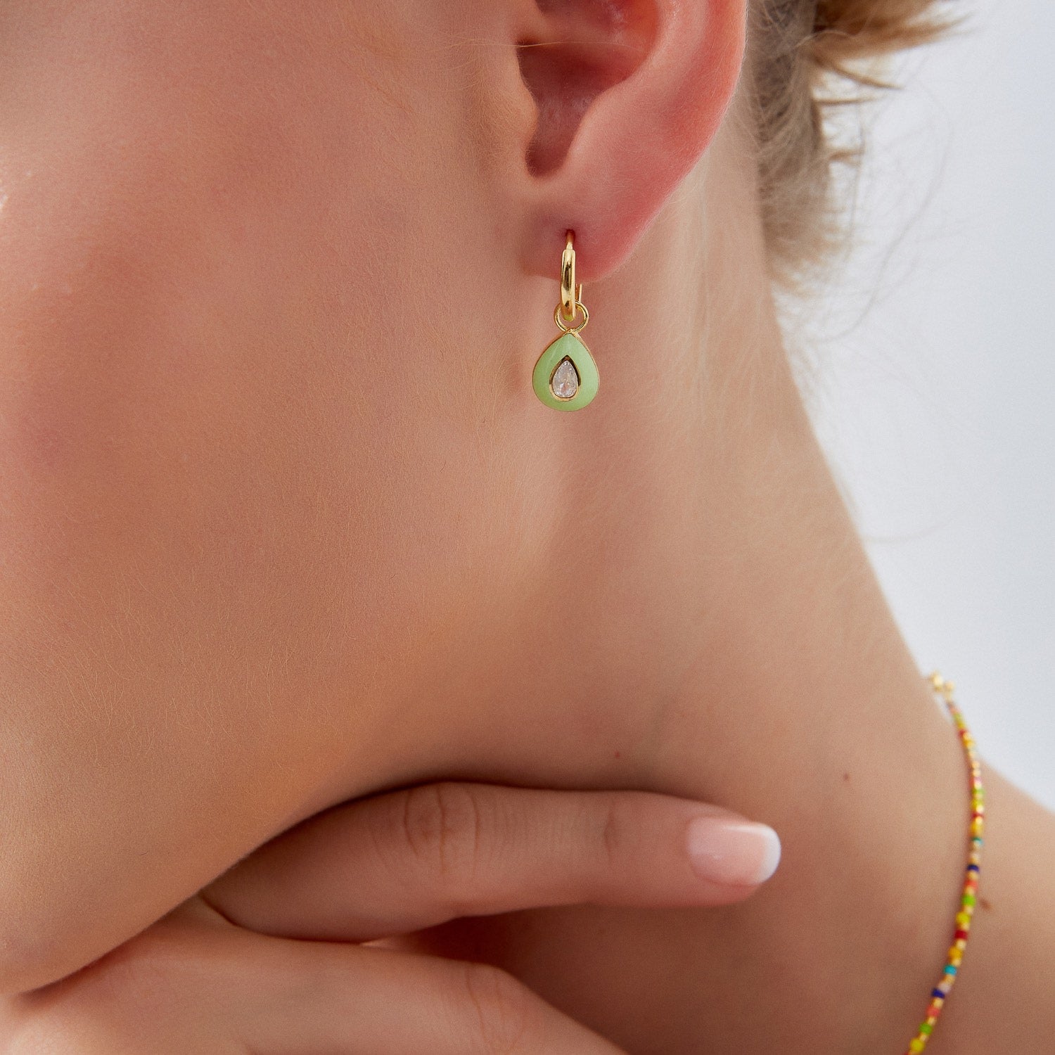 Enamelled Jewelled Sterling Silver Drop Hoop Earring - Eau-De- Green