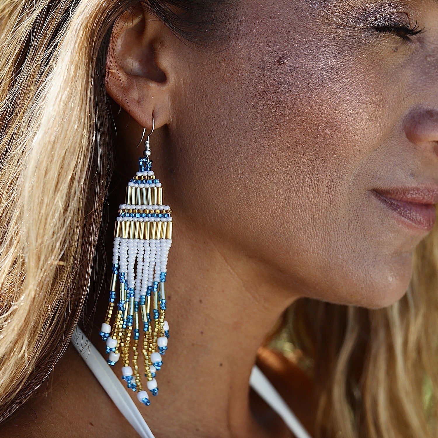Encuentro Beaded Boho Earrings - The Blue Tide White