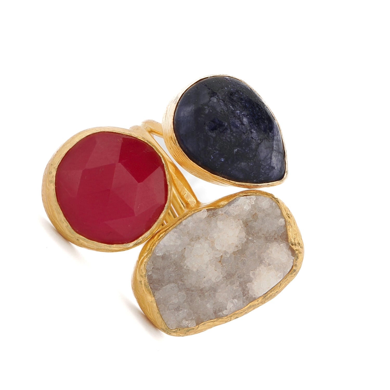 Energized Harmony Ruby, Quartz & Amethyst Adjustable Gemstone Ring - Gold