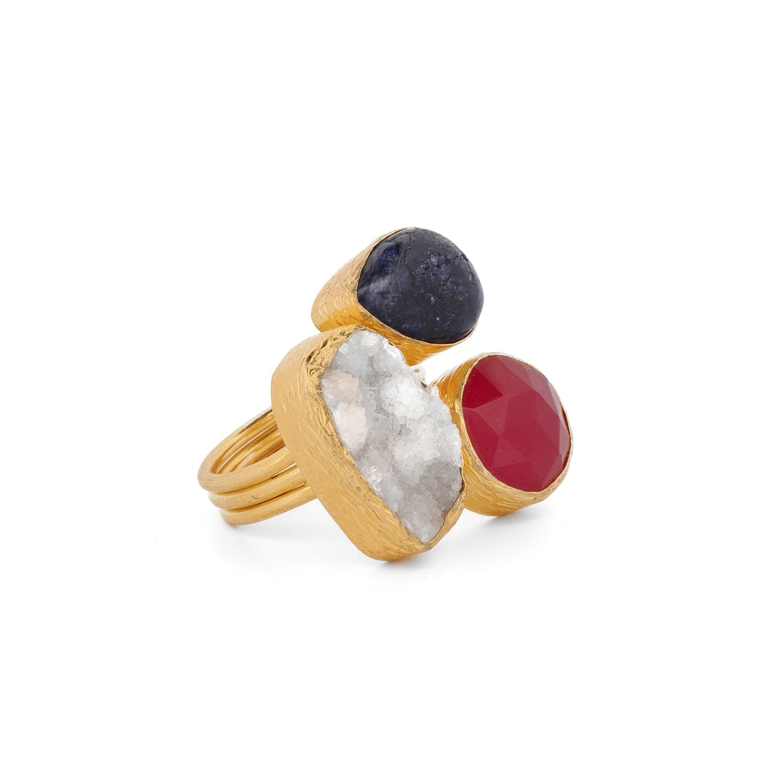 Energized Harmony Ruby, Quartz & Amethyst Adjustable Gemstone Ring - Gold