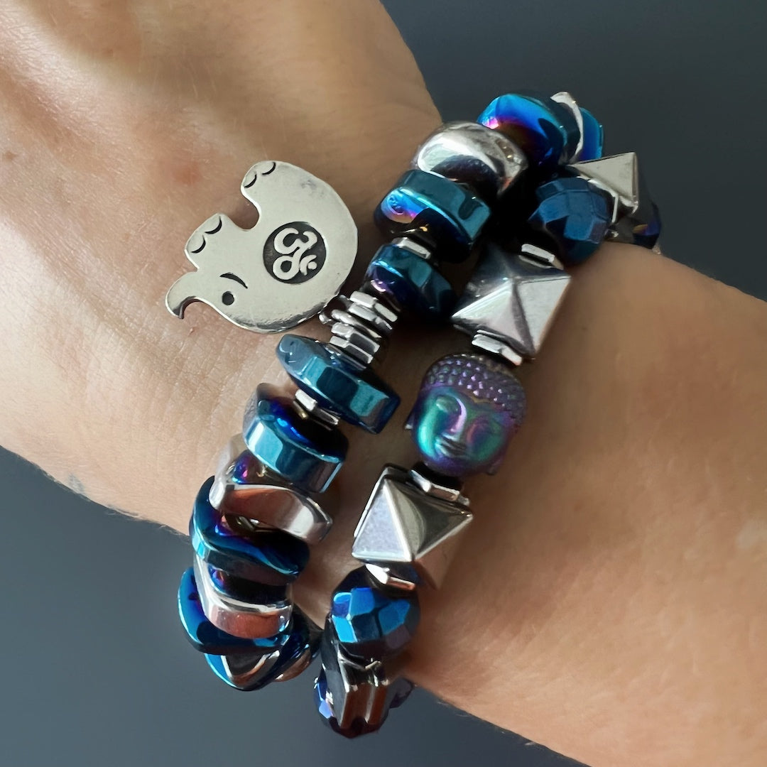 Energy Of Buddha Silver Hematite Stone Beaded Bracelet - Blue