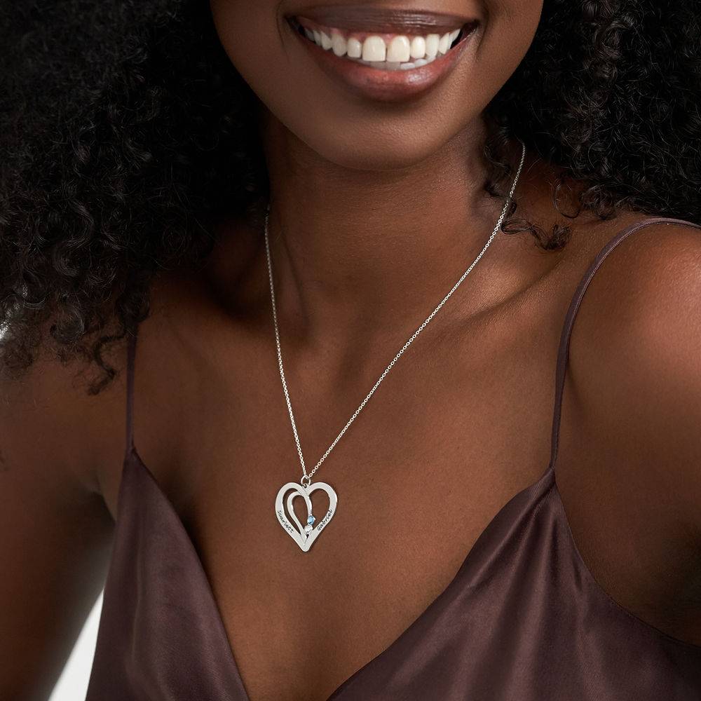Engraved Couples Birthstone Necklace in 10K White Gold