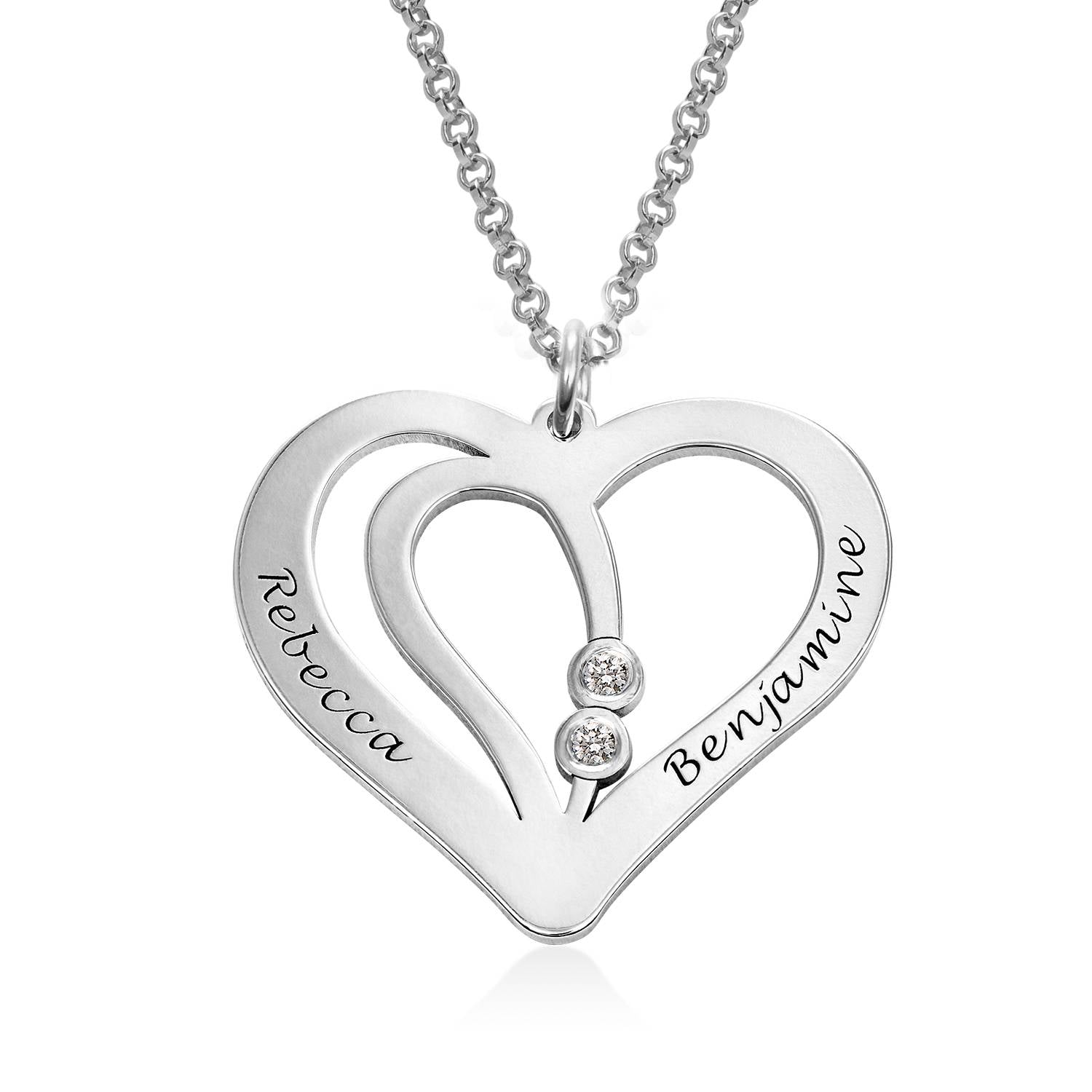 Engraved Couples Necklace in Sterling Silver with Diamond