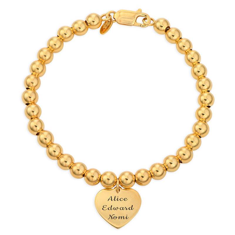 Engraved Heart Charm Beaded Bracelet in Gold Plating