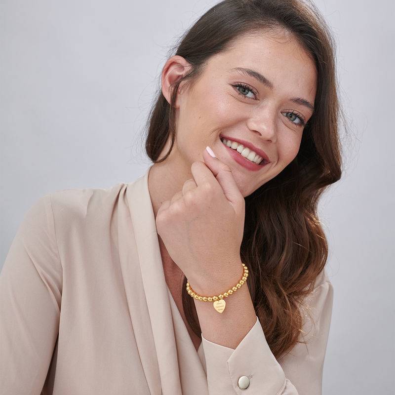 Engraved Heart Charm Beaded Bracelet in Gold Plating