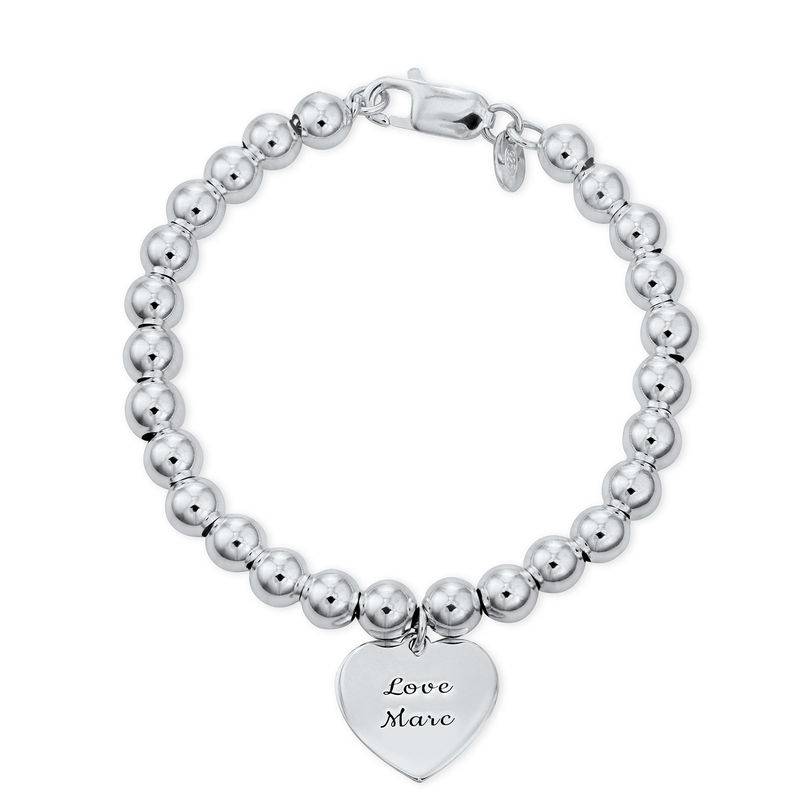 Engraved Heart Charm Beaded Bracelet in Sterling Silver