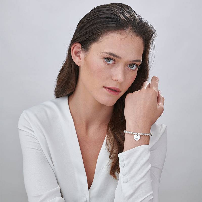 Engraved Heart Charm Beaded Bracelet in Sterling Silver