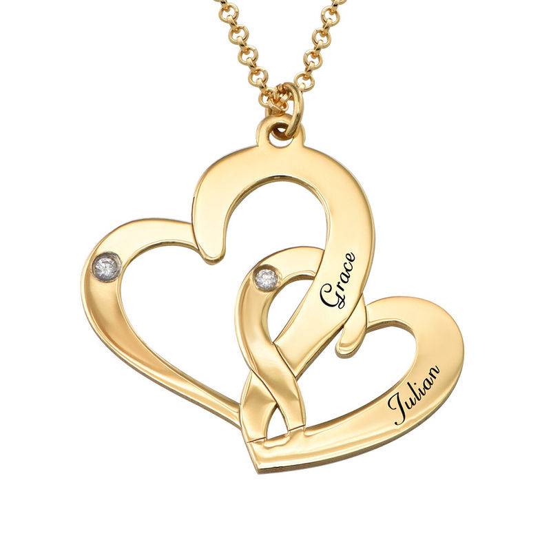 Engraved Two Heart Necklace Gold Plated with Diamonds - Gifts for Mom