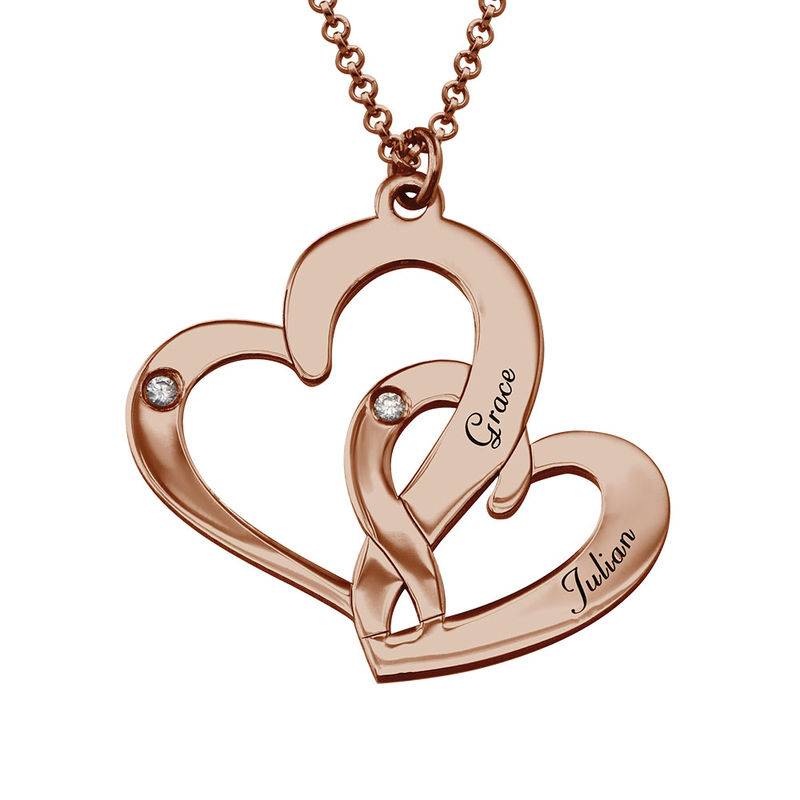 Engraved Two Heart Necklace Rose Gold Plated with Diamonds