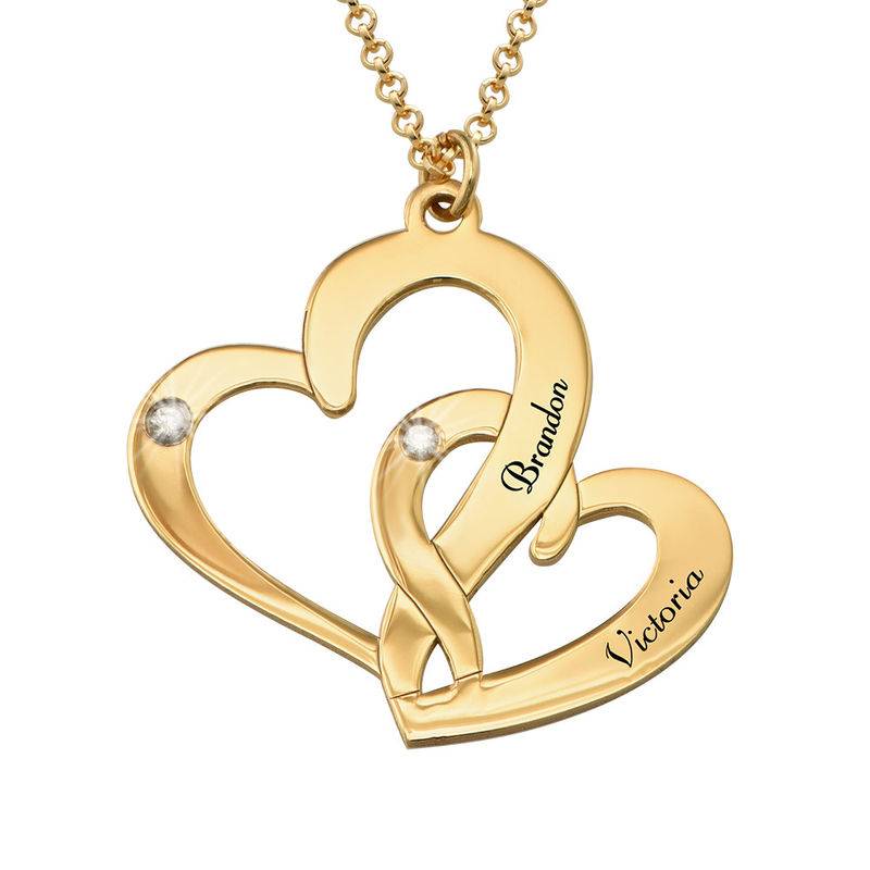 Engraved Two Heart Necklace with Diamonds in 18k Gold Vermeil