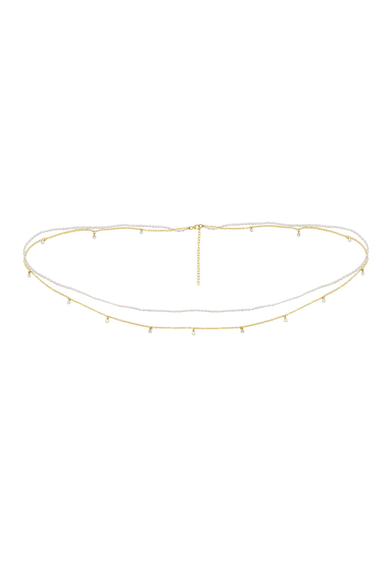 Brigitte Pearl Gold & Cz Gemstone Multiwear Belly Chain And Necklace