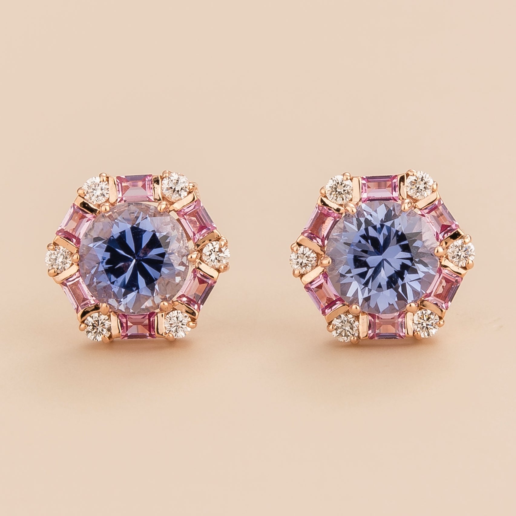 Melba Rose Gold Earrings Ceylon Blue Sapphires, Pink Sapphire & Diamond