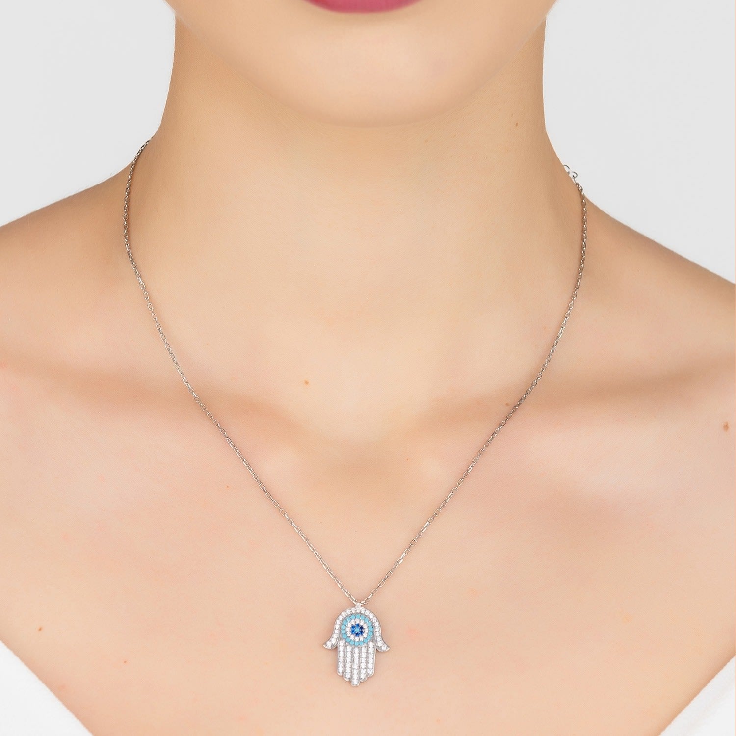 Hamsa Hand With Evil Eye Pendant Necklace Turquoise Silver