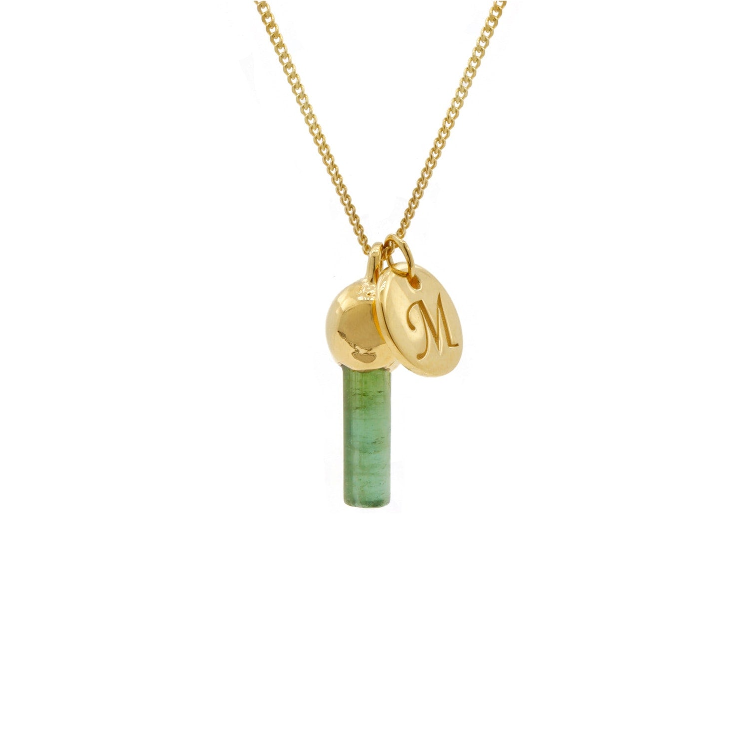 Green Tourmaline Pendant & Initial Necklace - Gold
