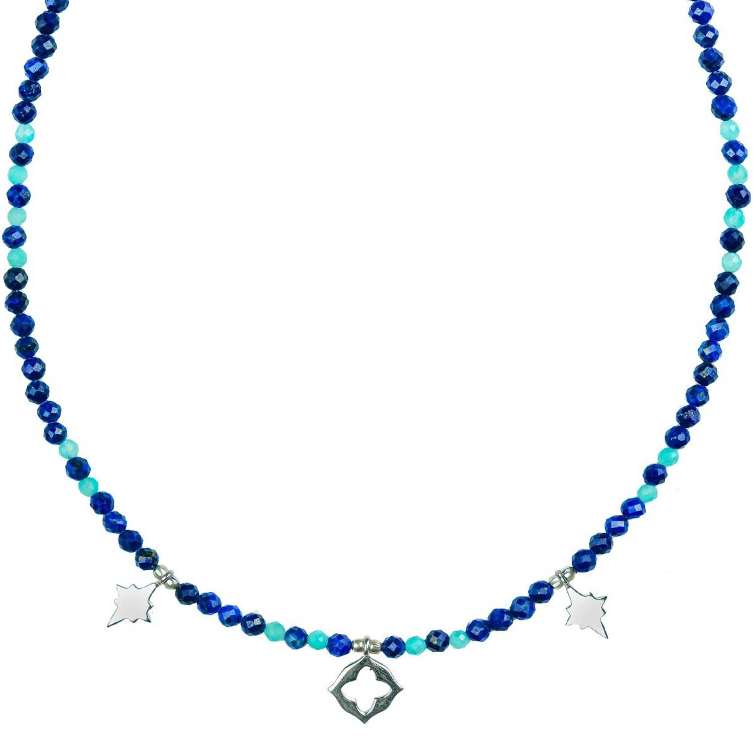 Essaouira Blues Silver Beaded Necklace - Lapis Lazuli & Apatite