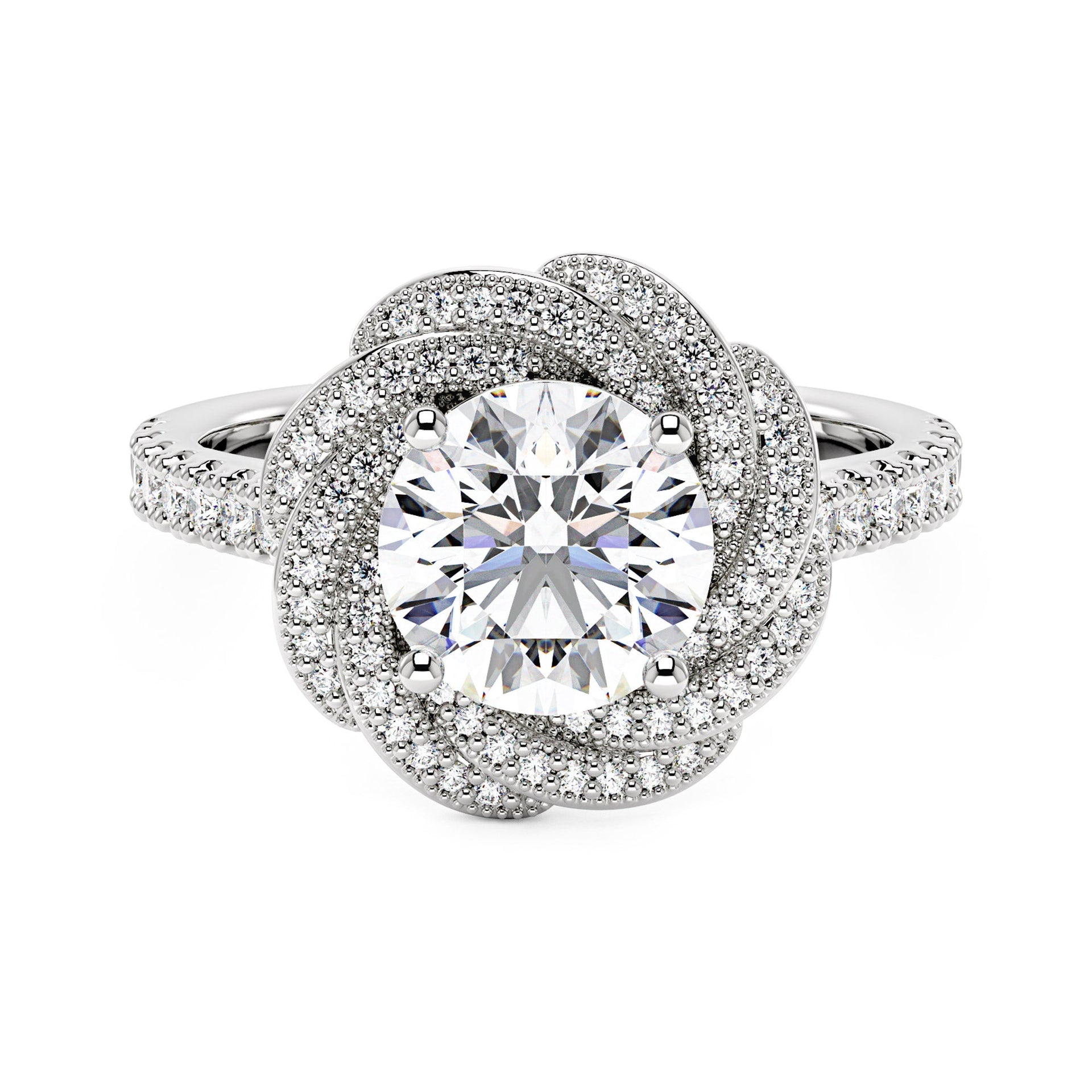 2 Carat Art Deco Flower Halo Moissanite Engagement Ring with Pavé Band