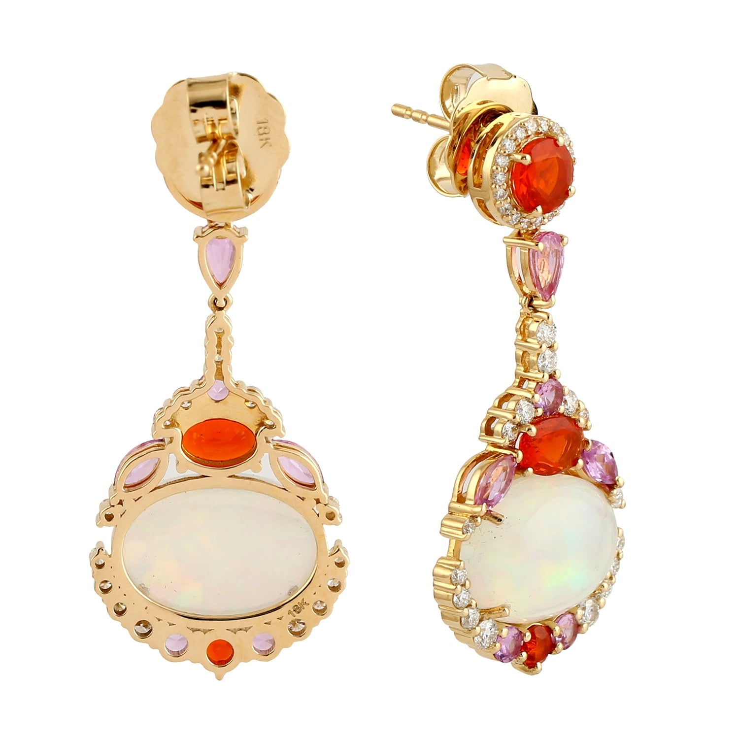 Ethiopian Opal & Fire Opal With Pink Sapphire Pave Diamond In Gold Dangle Earrings