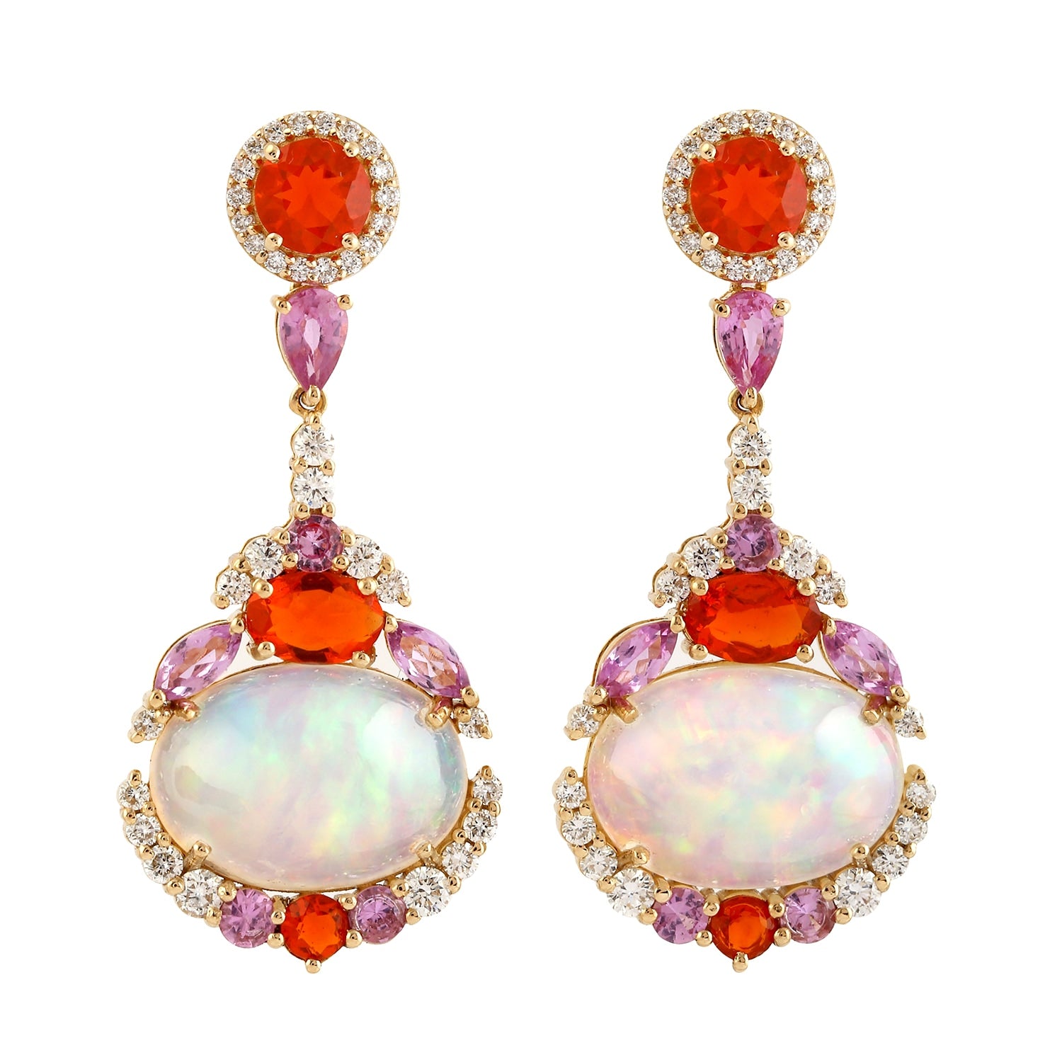 Ethiopian Opal & Fire Opal With Pink Sapphire Pave Diamond In Gold Dangle Earrings