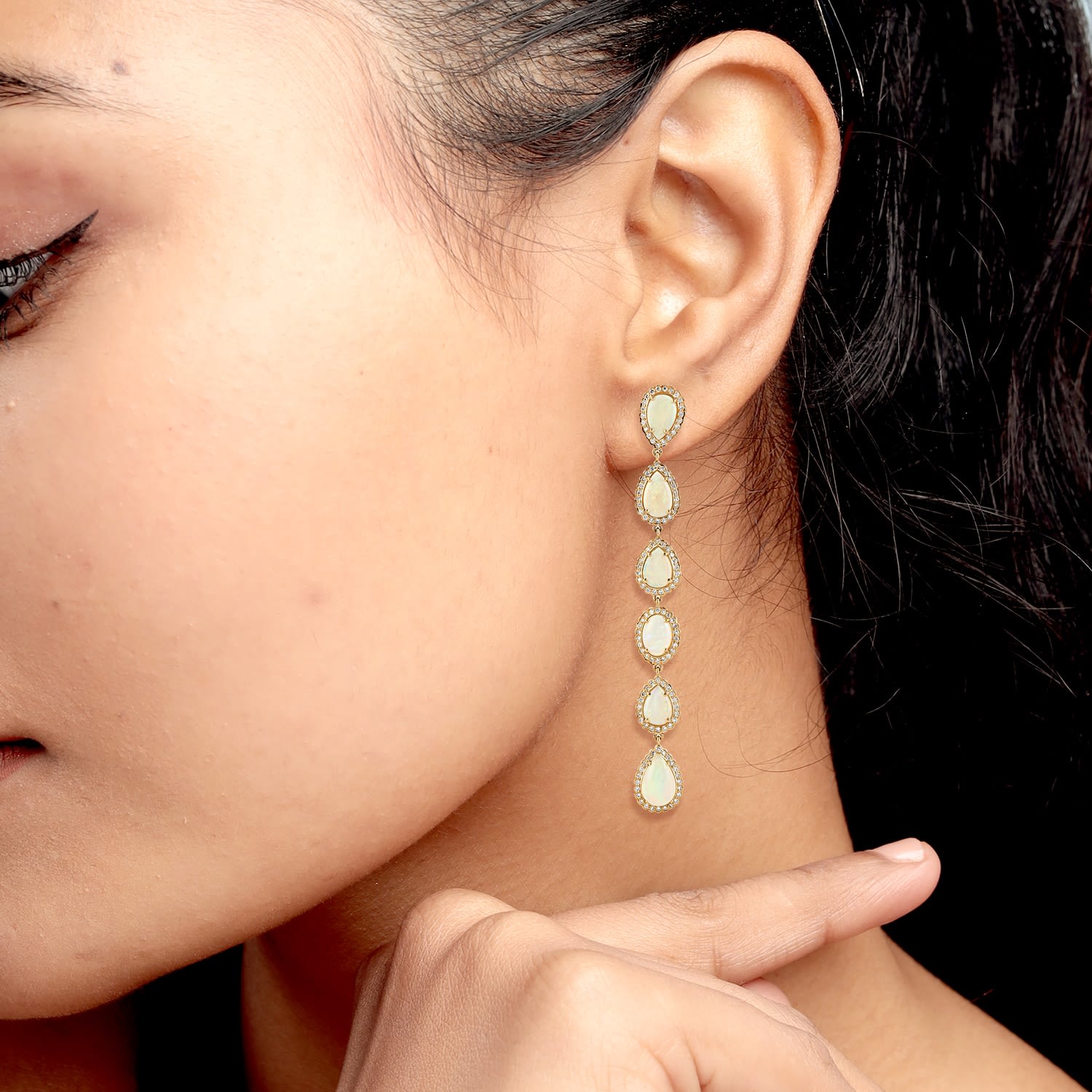 Ethiopian Opal Gemstone Pave Diamond Dangle Earrings In Gold