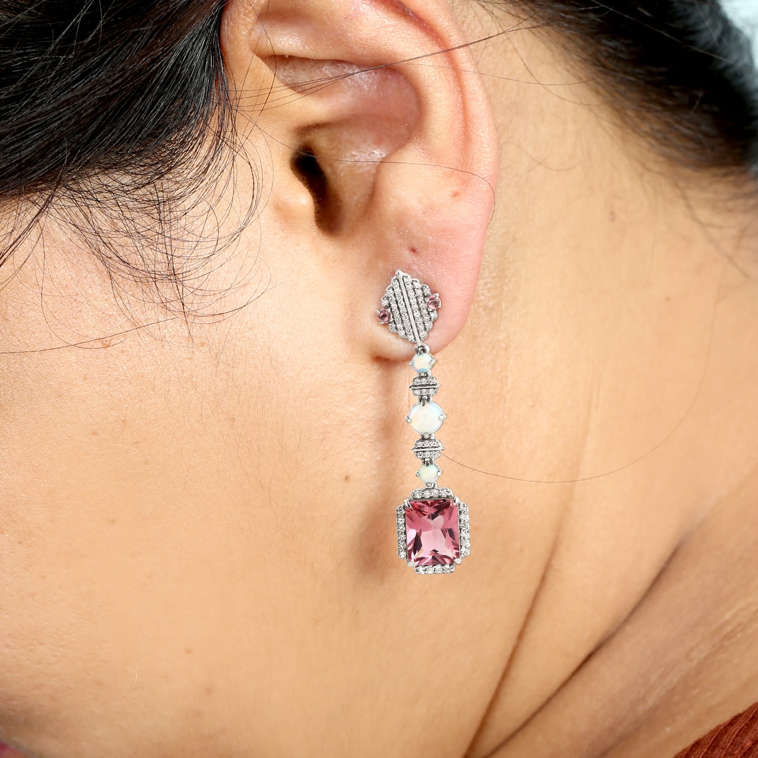 Ethiopian Opal & Pink Tourmaline Drop Earrings With Pave Diamonds In White Gold