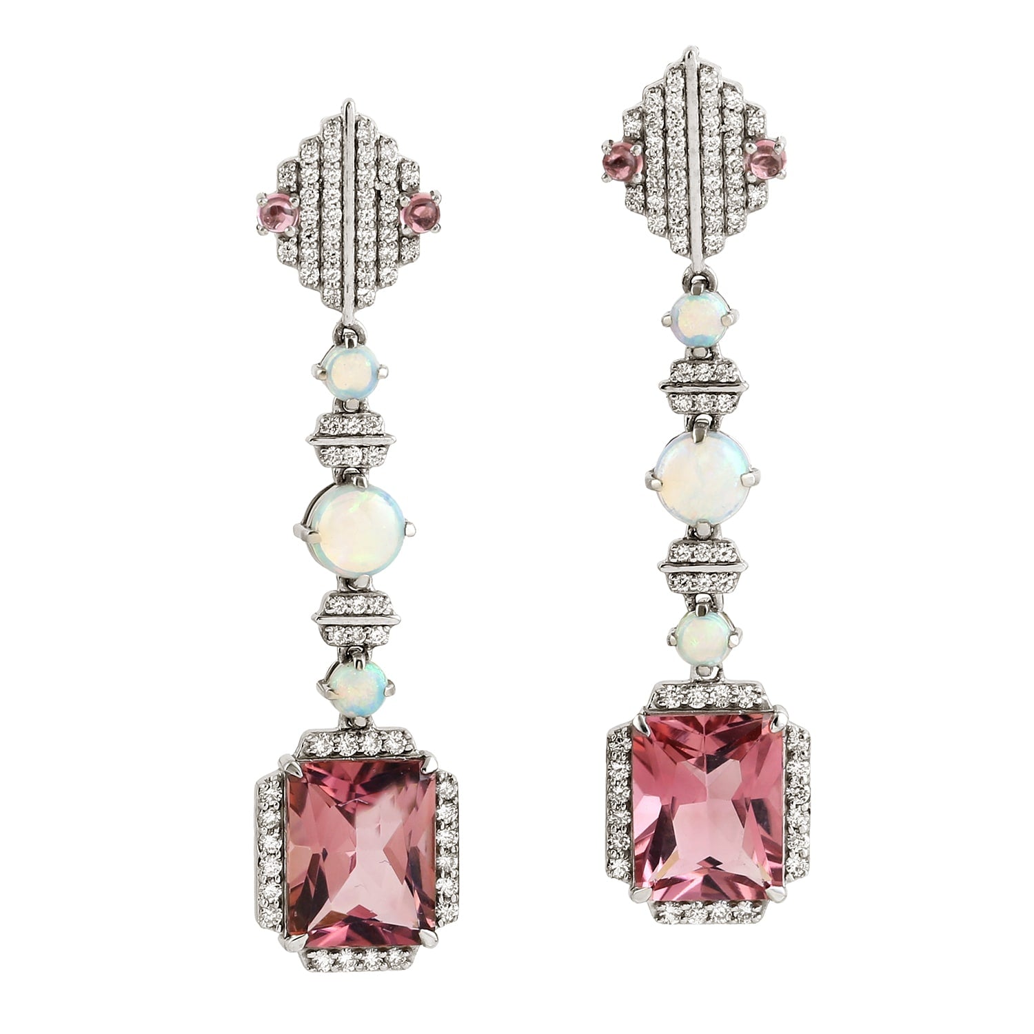 Ethiopian Opal & Pink Tourmaline Drop Earrings With Pave Diamonds In White Gold