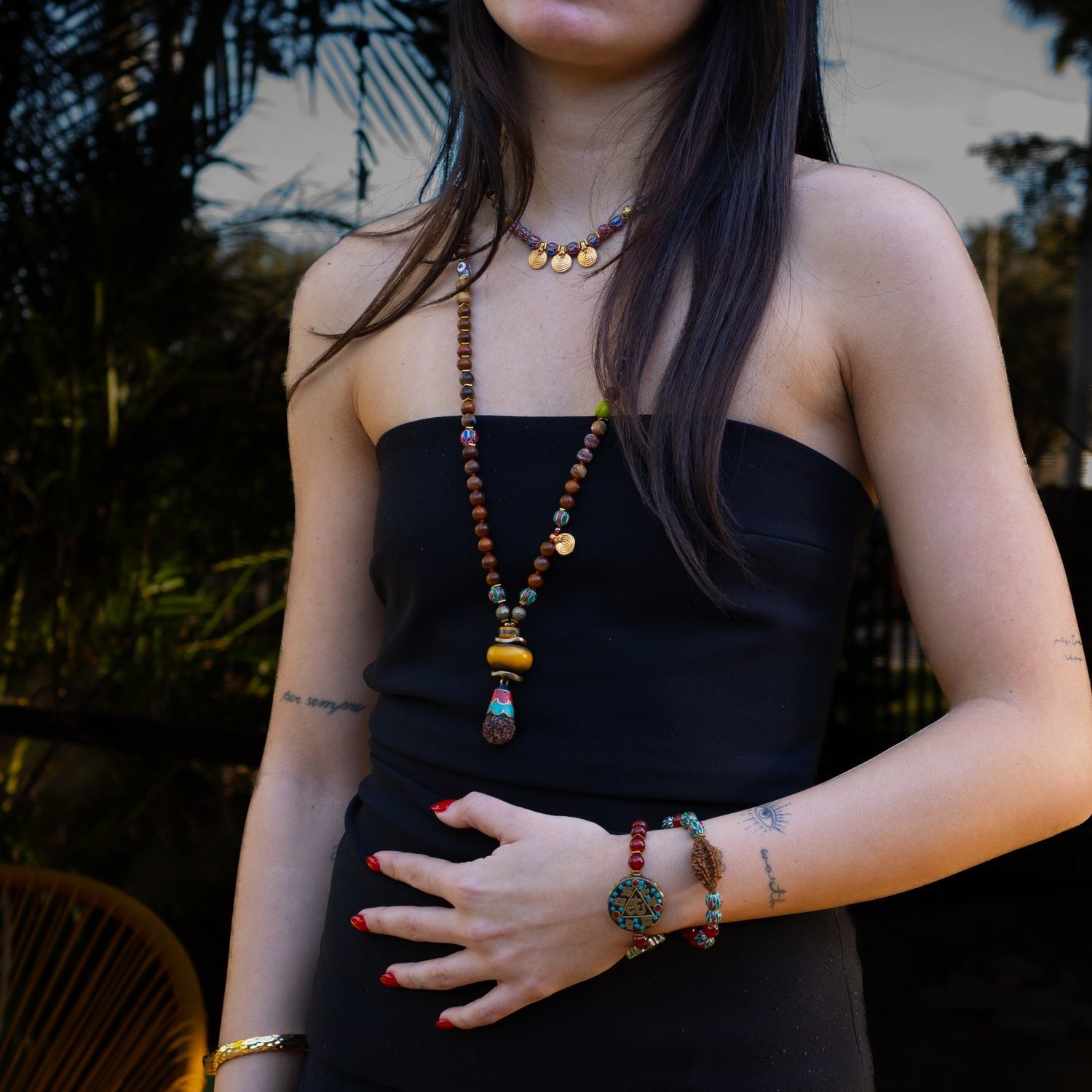 Ethnic Boho Gold Spiral Charm Beaded Choker Necklace - Green -