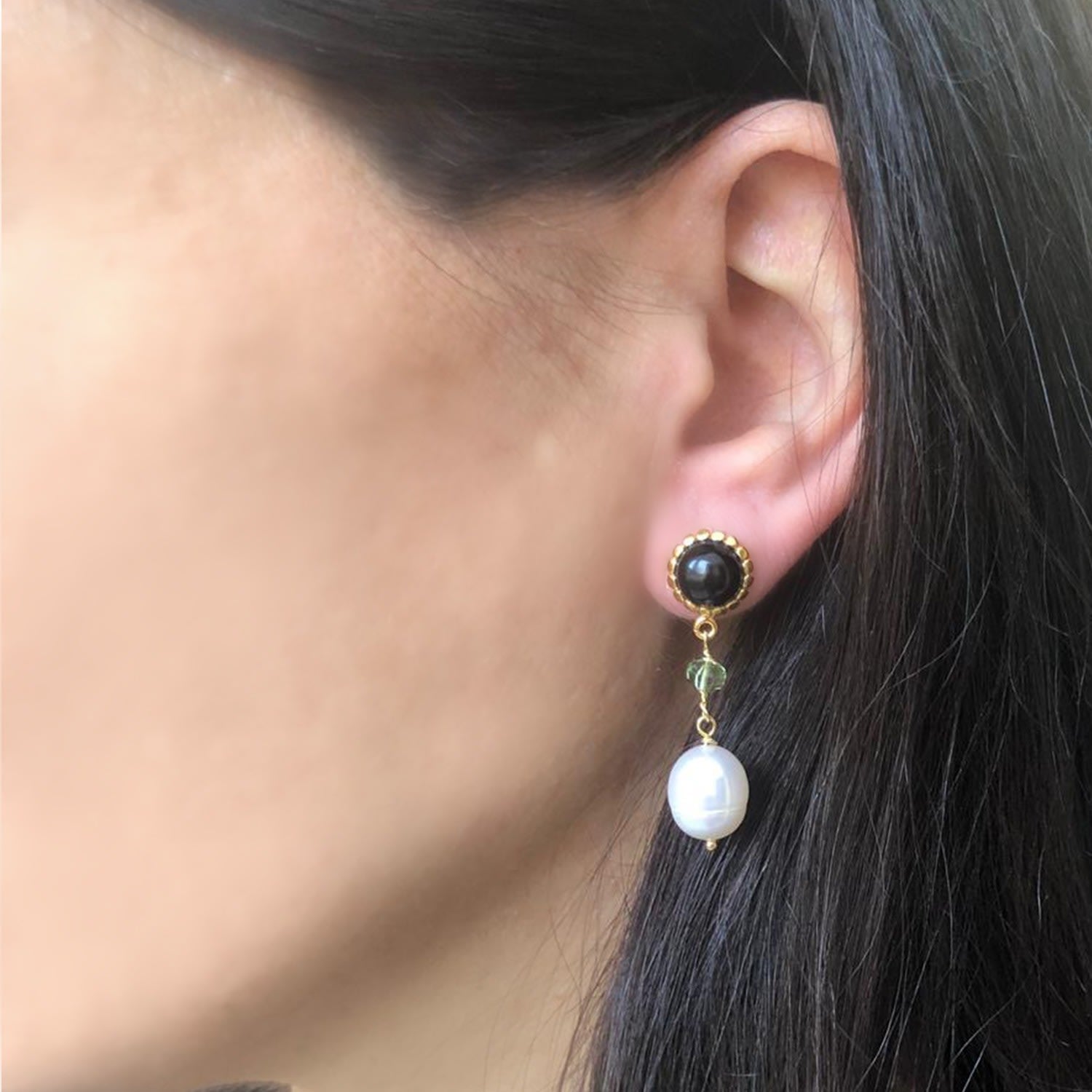 Onyx, Green Amethyst & Pearl Drop Earrings