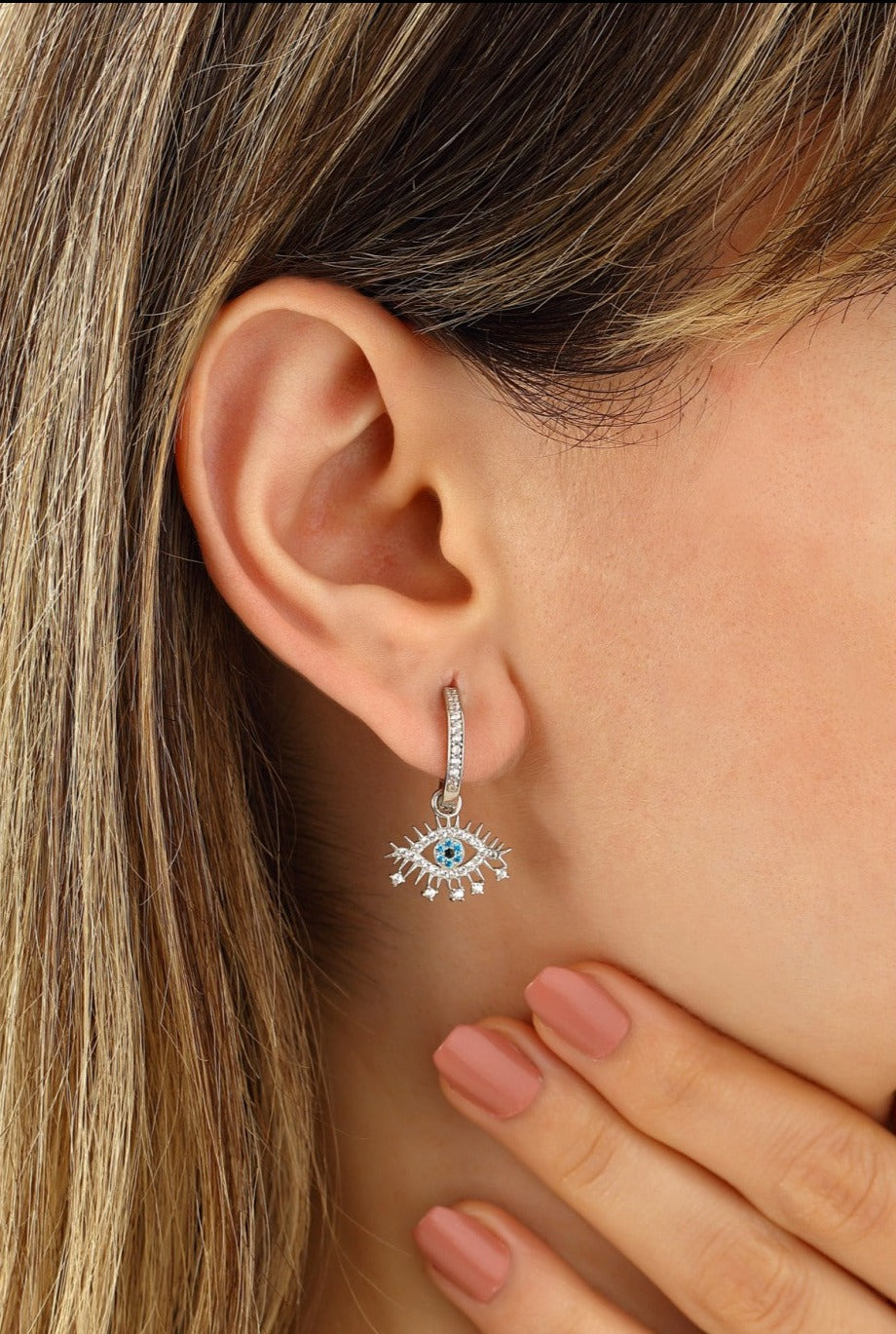 Evil Eye Earring Blue Eye Eyelash Pave Sterling Silver Earring - Silver