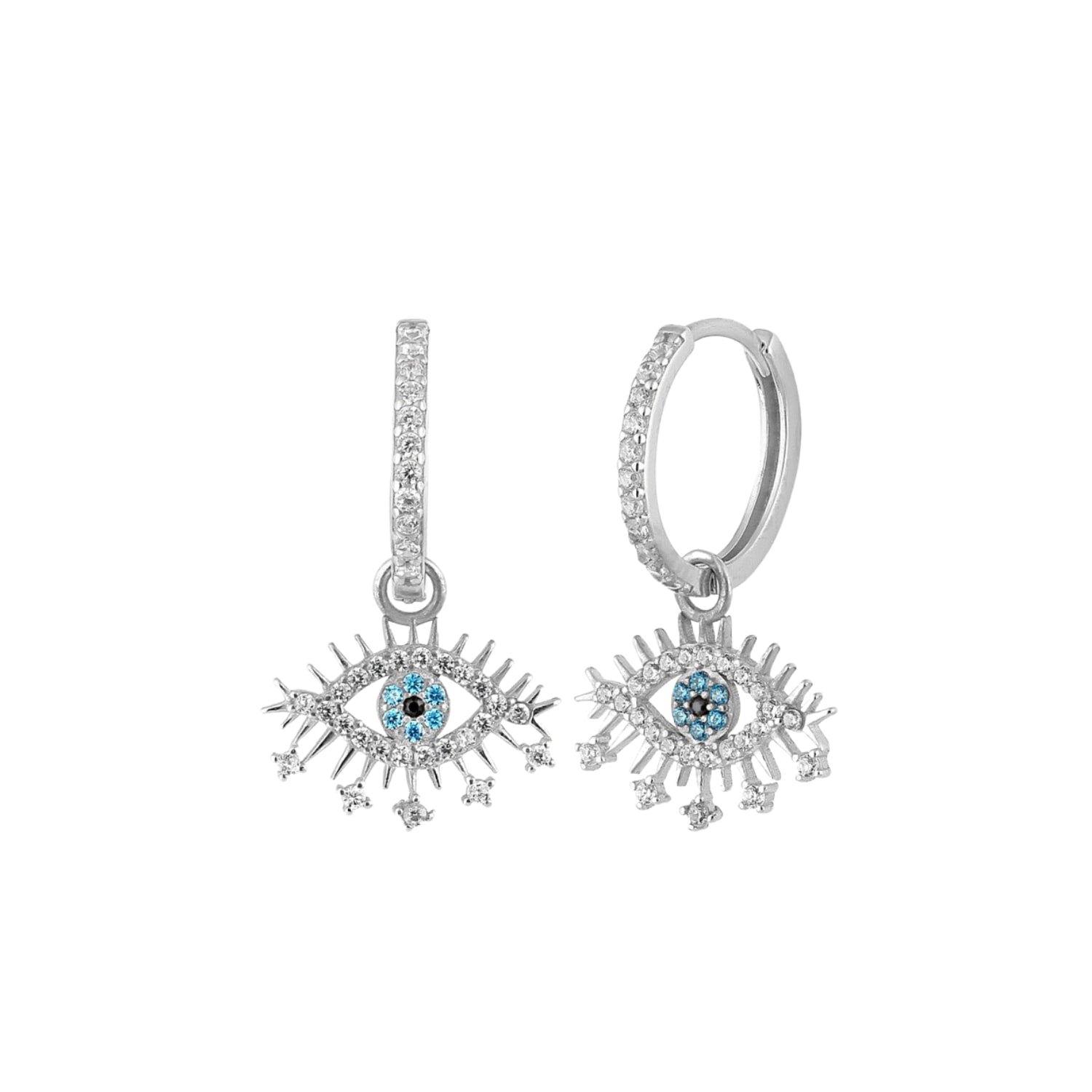 Evil Eye Earring Blue Eye Eyelash Pave Sterling Silver Earring - Silver