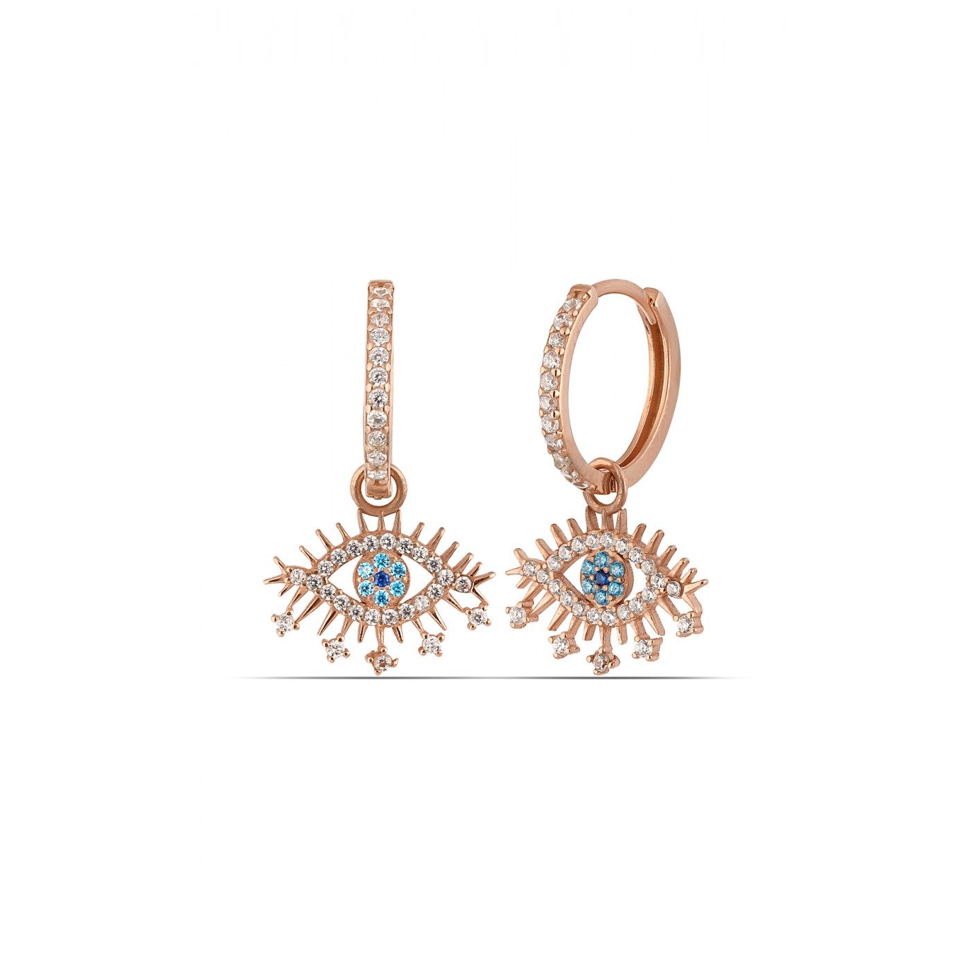 Evil Eye Earring Blue Eye Eyelash Pave Sterling Silver Earring - Rose Gold