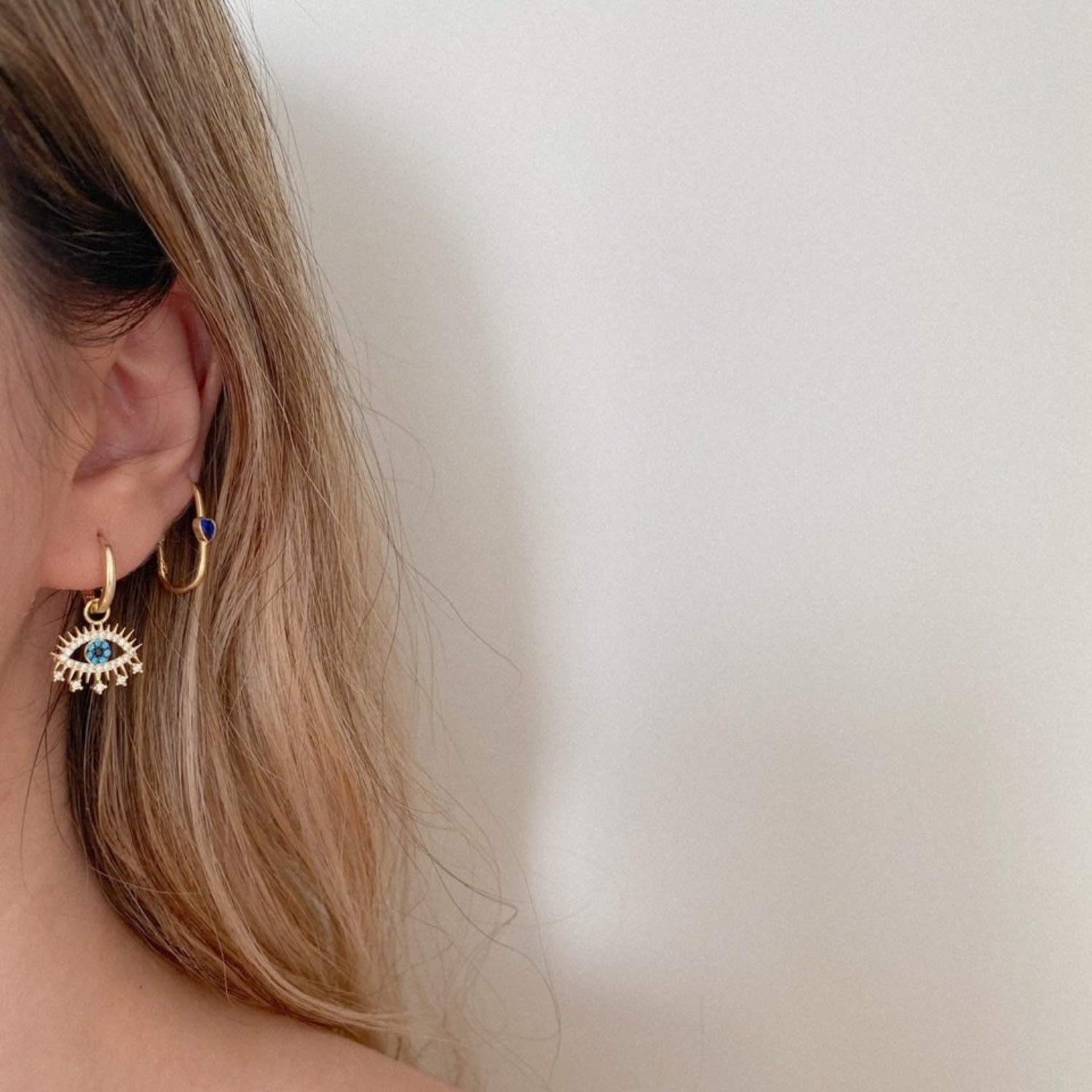 Evil Eye Earring Blue Eye Sterling Silver Pendant Eyelash Necklace & Earring Set - Gold