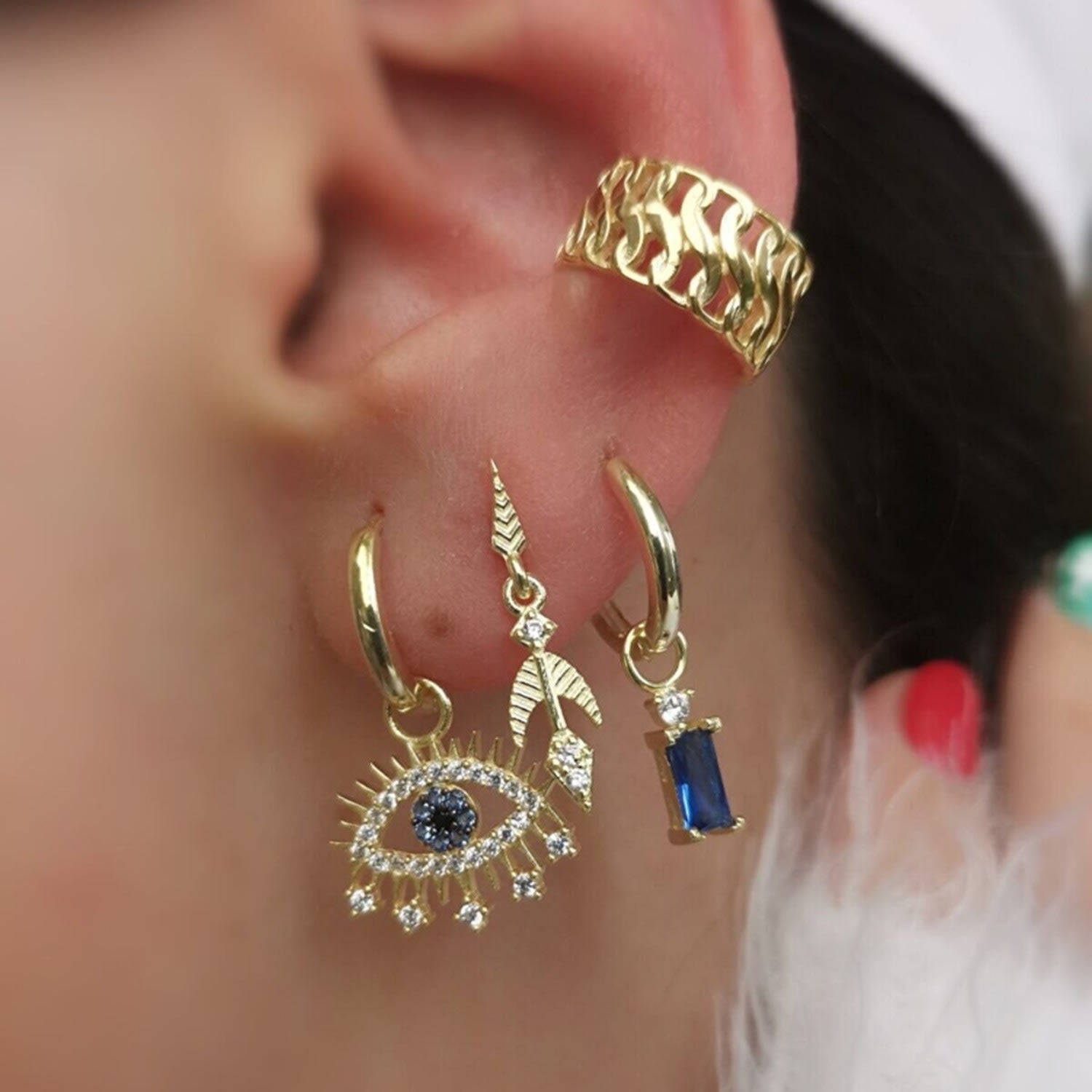 Evil Eye Earring Blue Eye Eyelash Sterling Silver Earring - Gold