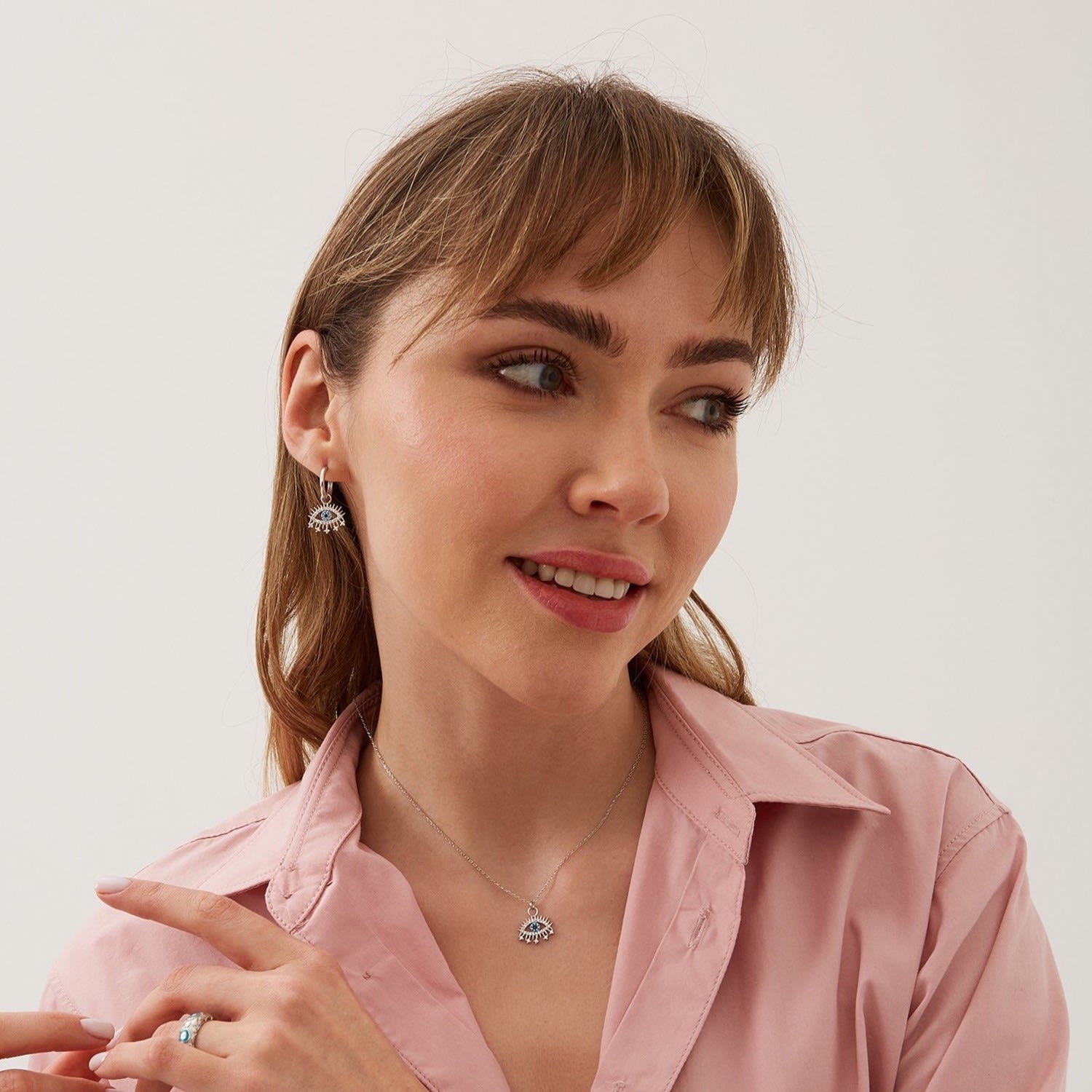 Evil Eye Earring Blue Eye Sterling Silver Pendant Eyelash Necklace & Earring Set - Silver