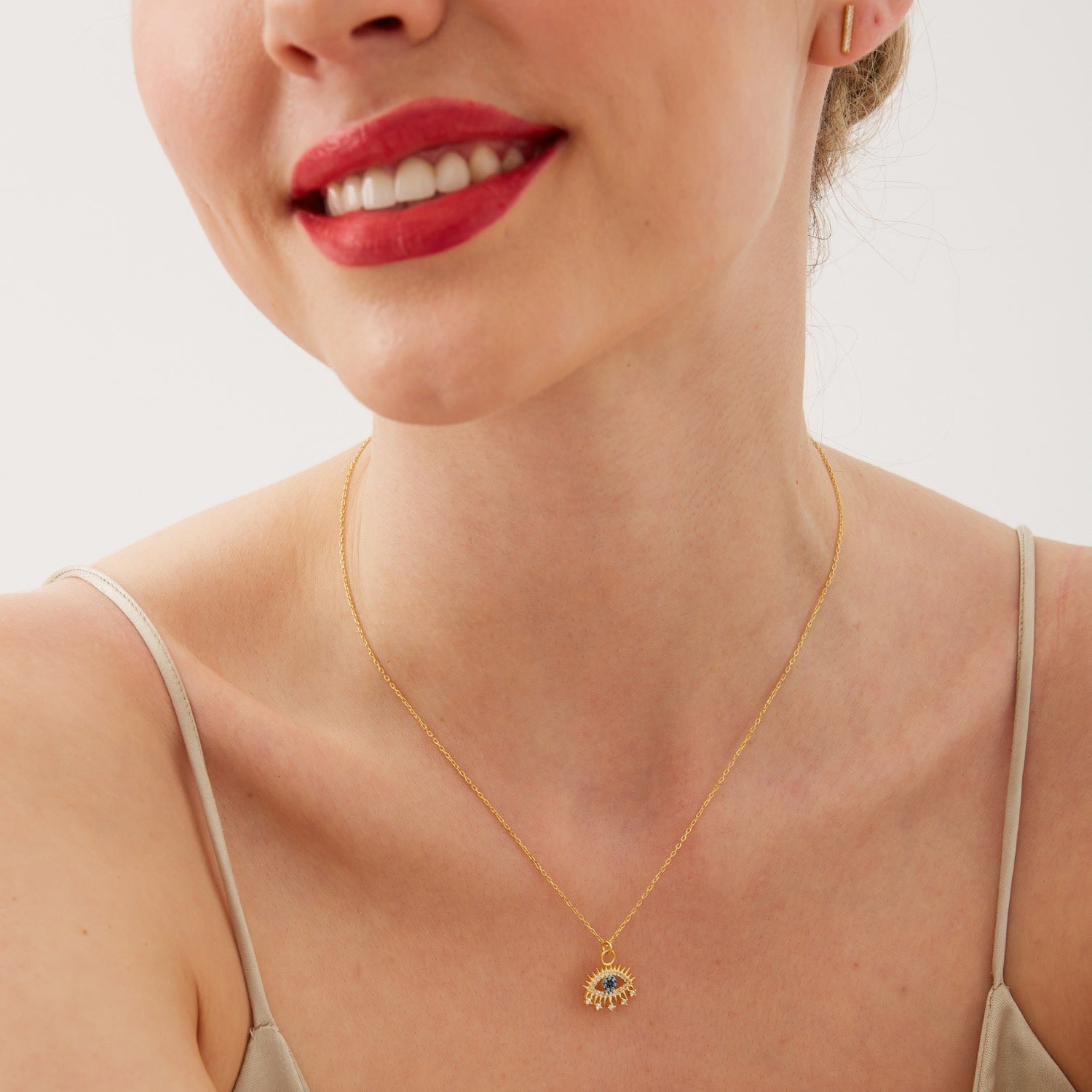 Evil Eye Earring Blue Eye Sterling Silver Pendant Eyelash Necklace - Gold