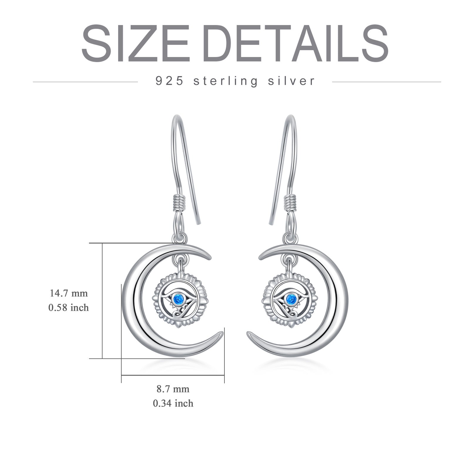 Sterling Silver Cubic Zirconia Eye Of Horus & Moon Drop Earrings