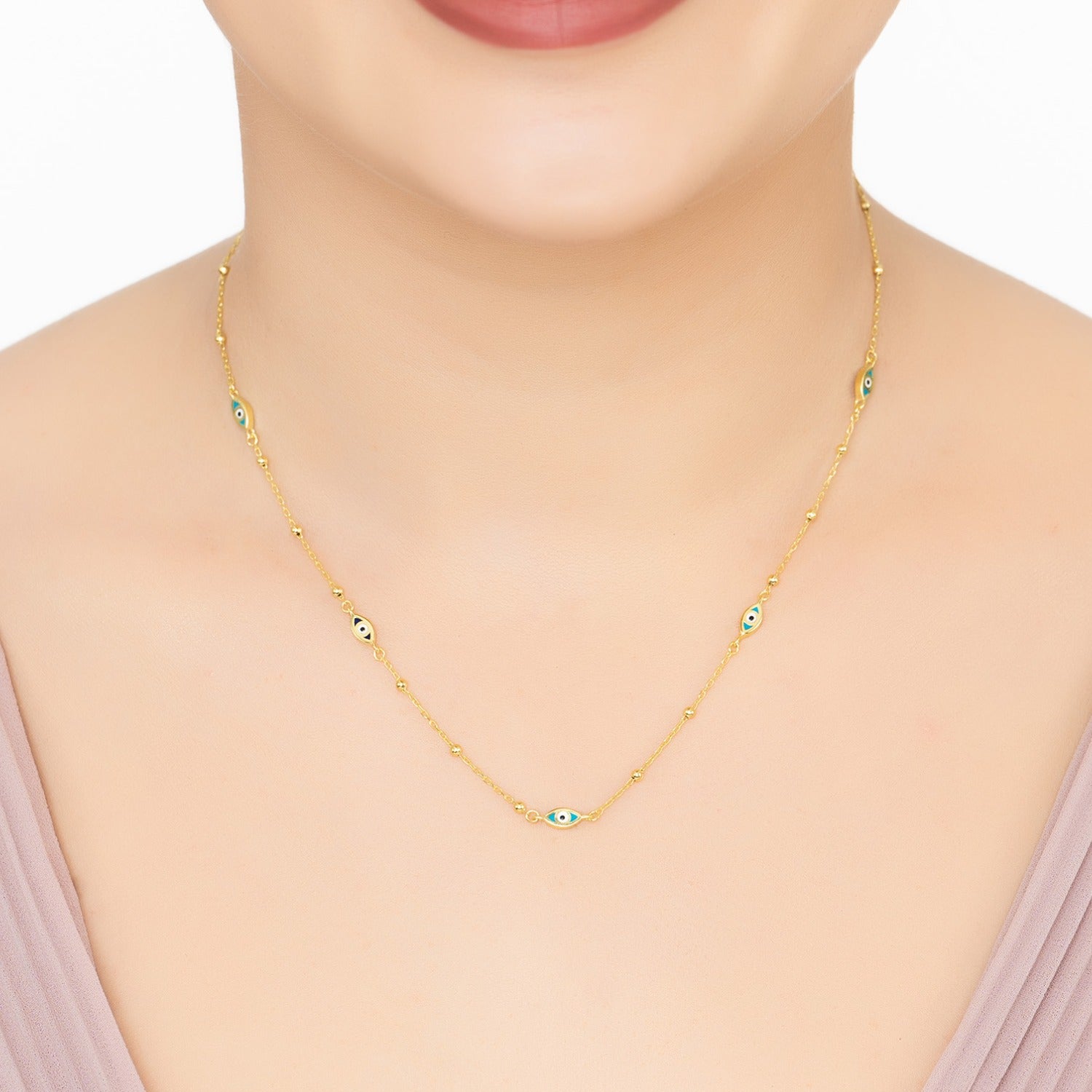 Evil Eye Elliptical Beaded Chain Necklace Gold