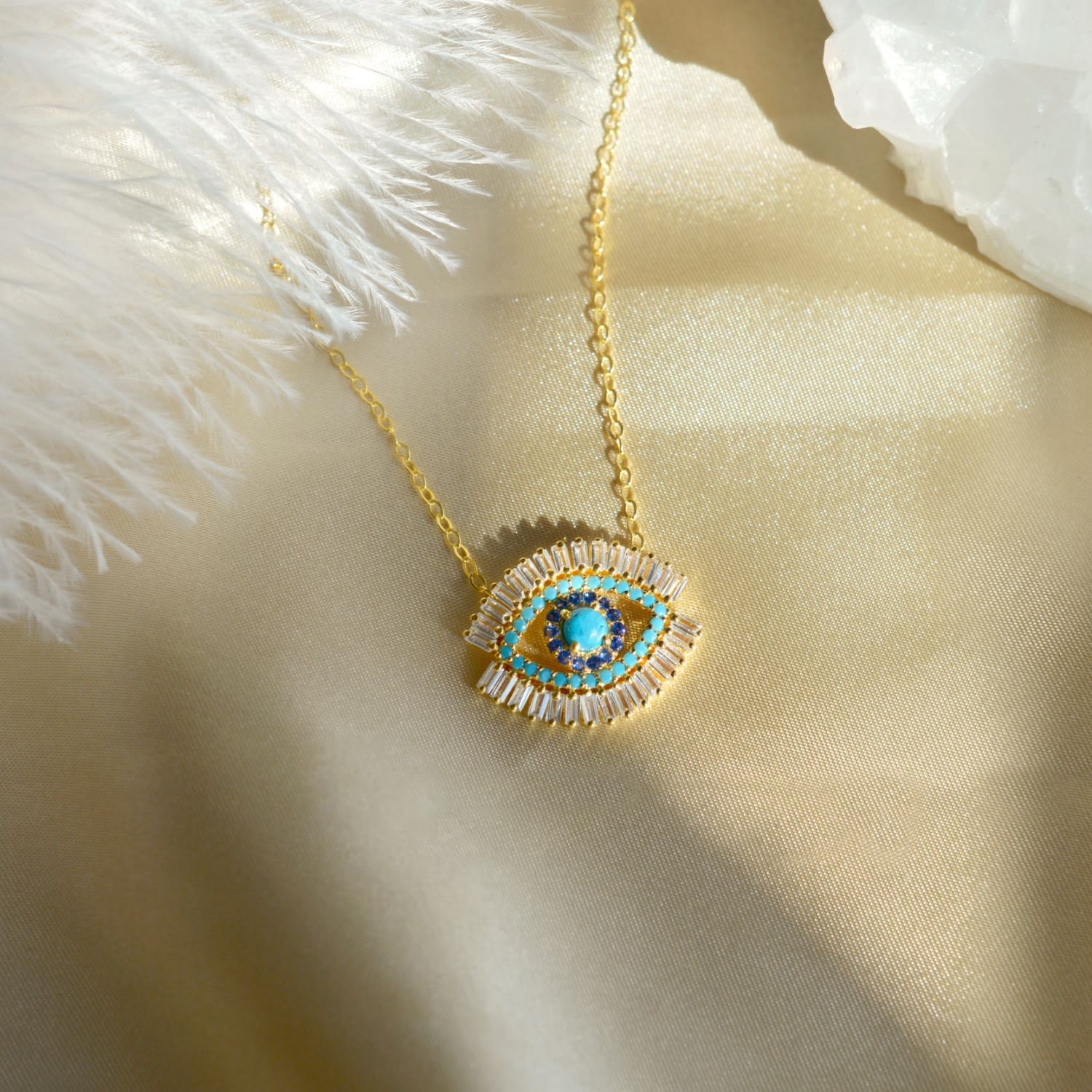 Evil Eye Necklace, Turquoise And Zirconia Baguette Diamonds, White Rhodium