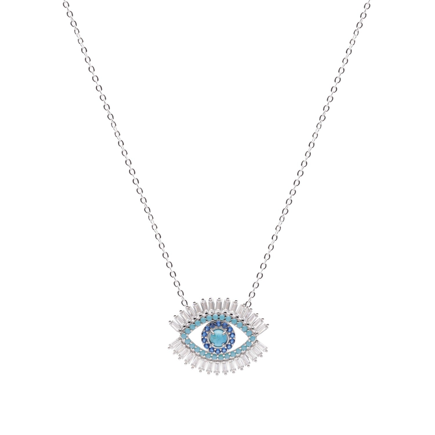 Evil Eye Necklace, Turquoise And Zirconia Baguette Diamonds, White Rhodium