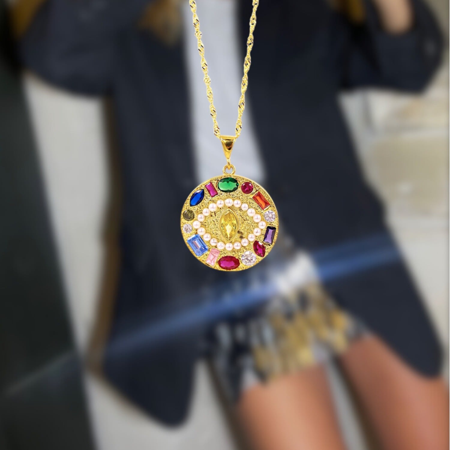 Evil Eye Pearl Medallion Necklace