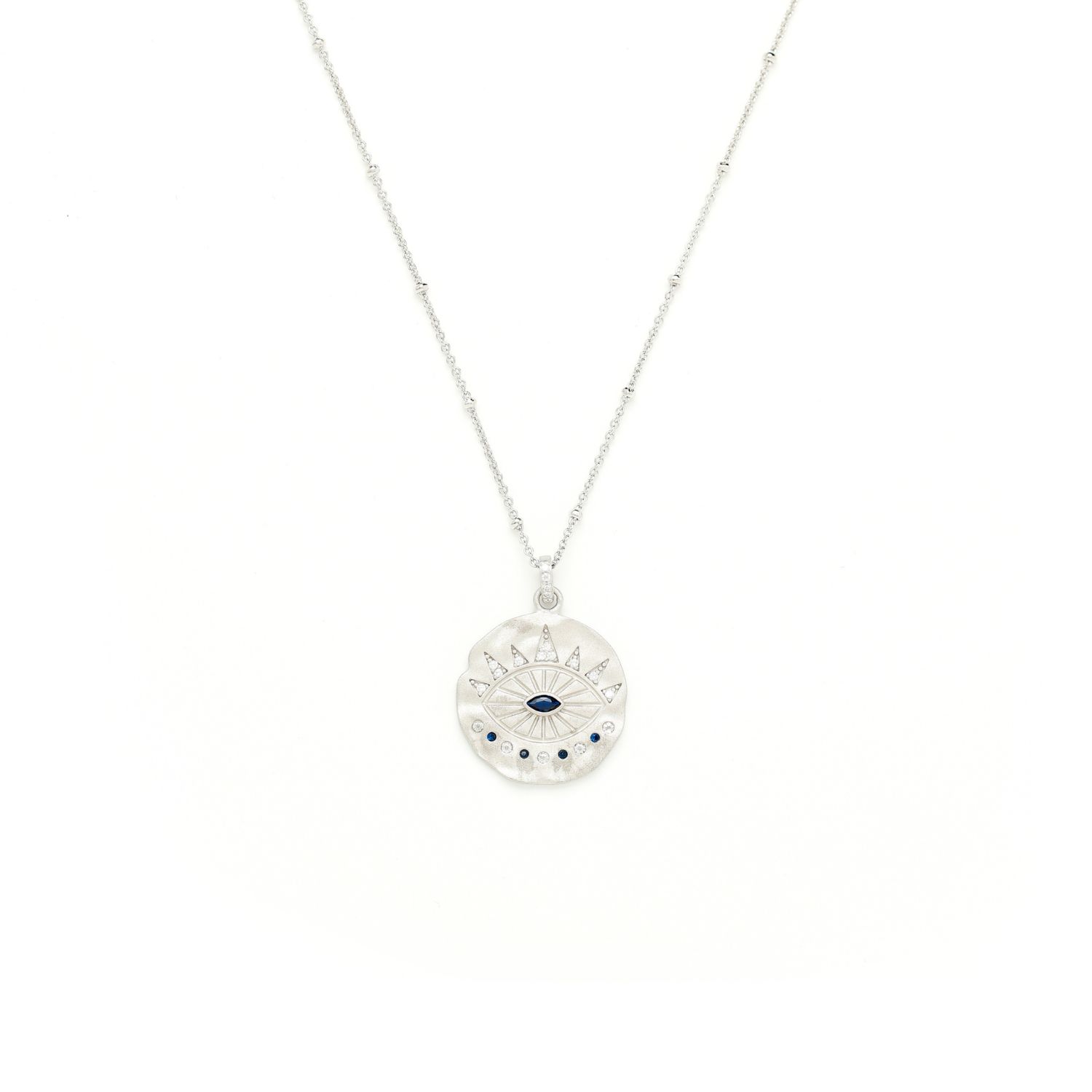 Evil Eye Protection Necklace, White Rhodium Over Sterling Silver With Sapphire, Matte Finish