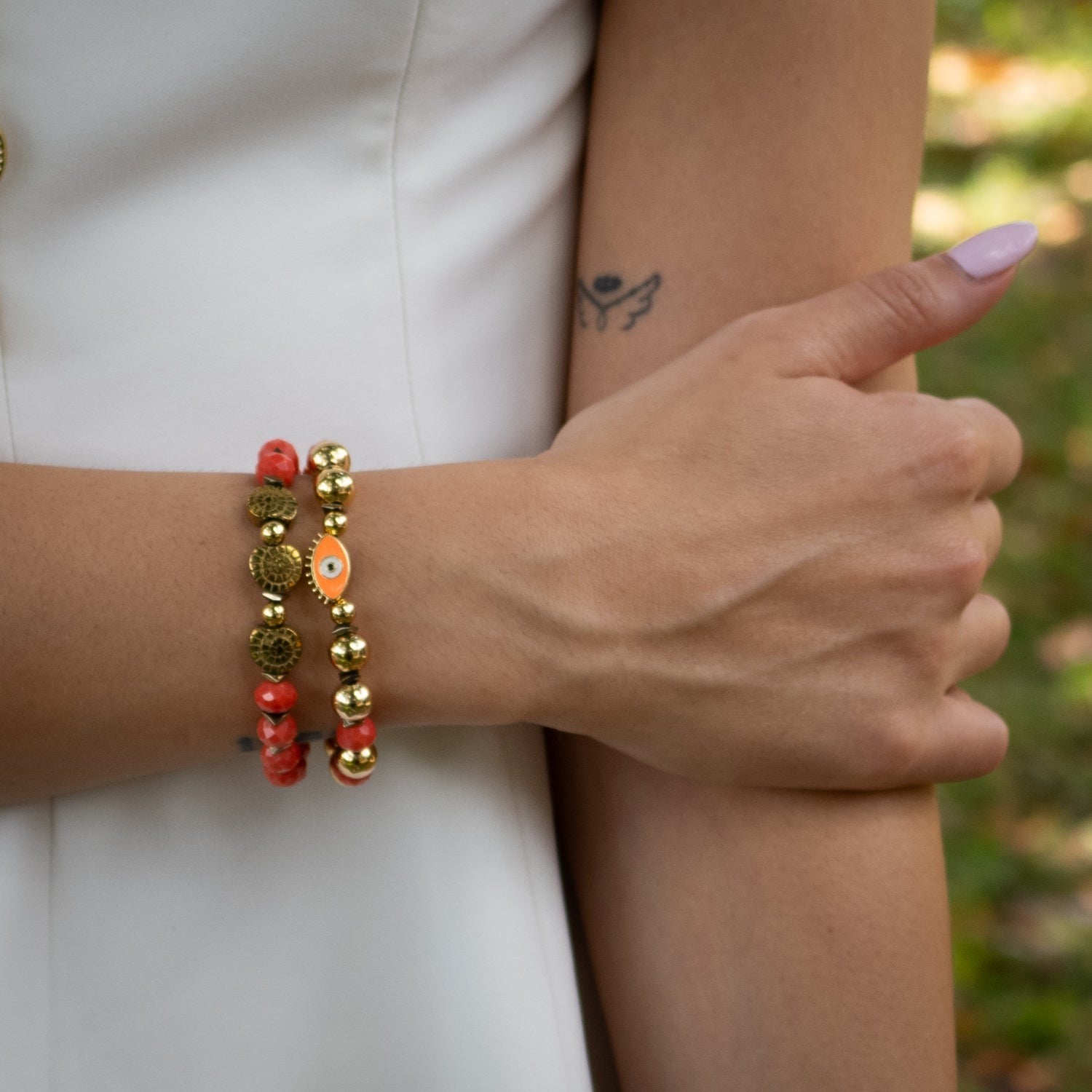 Evil Eye & Shell Symbol Gold Beaded Protection Bracelet Set - Gold