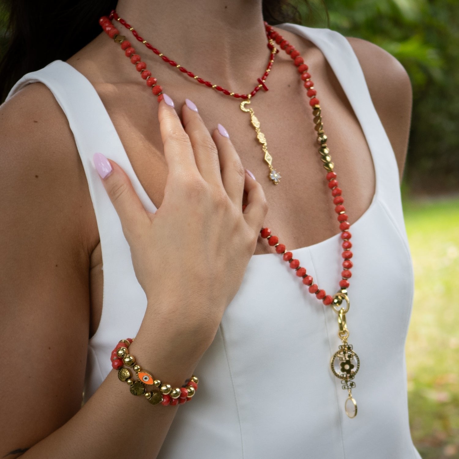 Sacred Energy Red Coral Stone Symbol Choker Necklace - Red