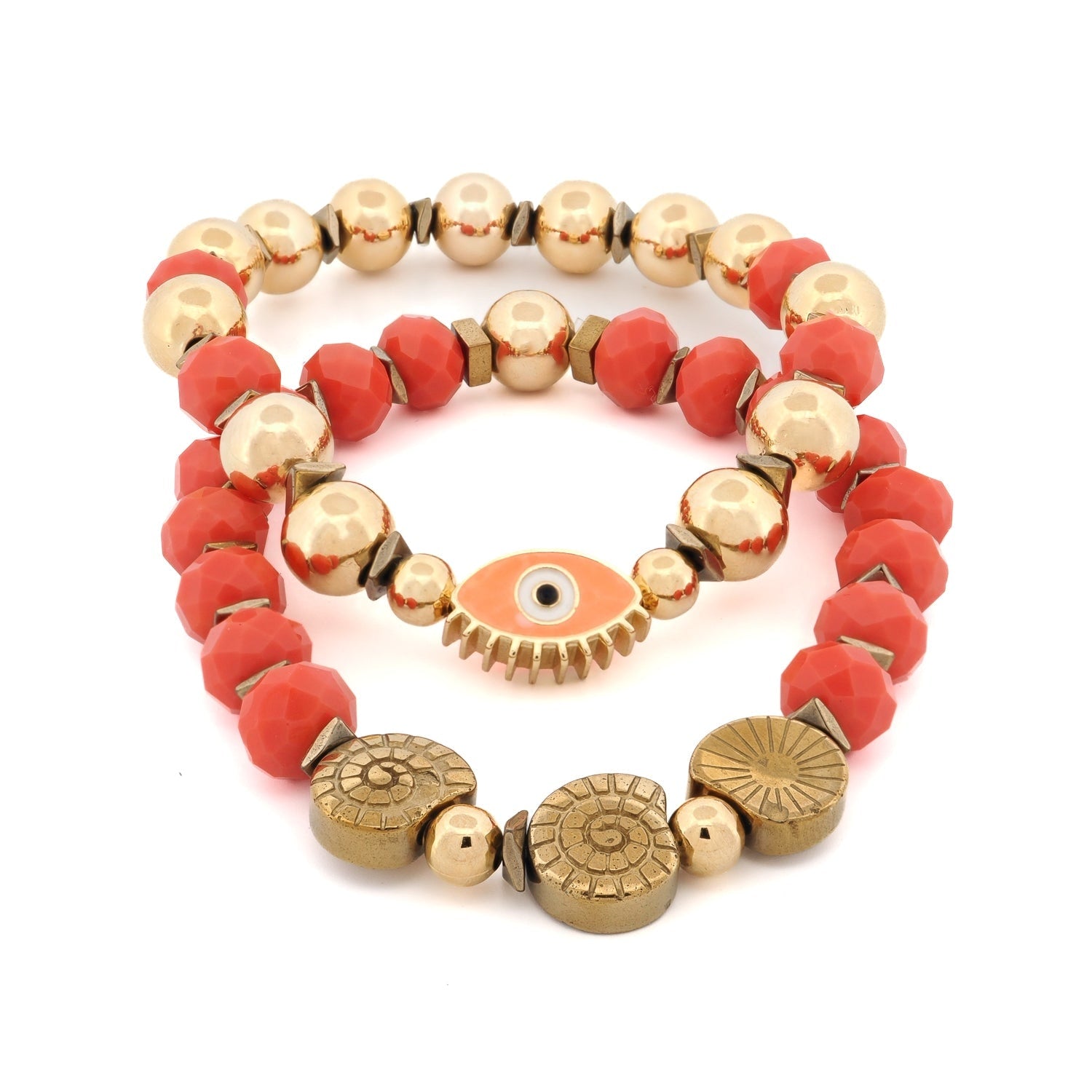 Evil Eye & Shell Symbol Gold Beaded Protection Bracelet Set - Gold