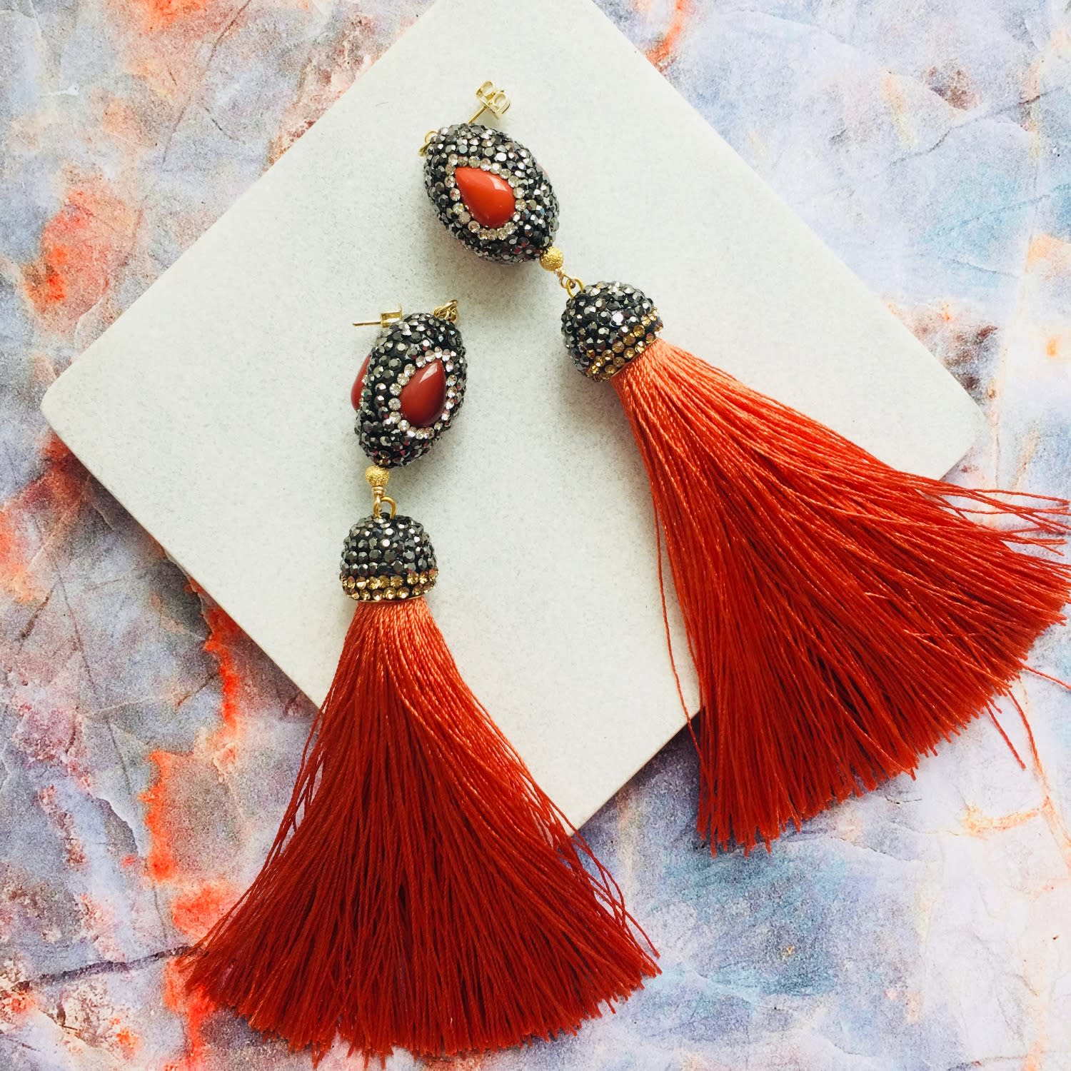 Red Coral Rhinestone Tassel Earrings