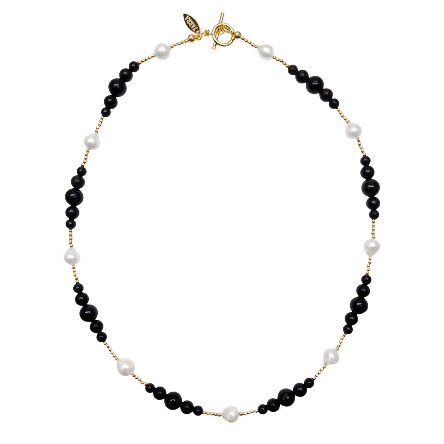 Exquisite Black Obsidian And White Freshwater Pearls Necklace