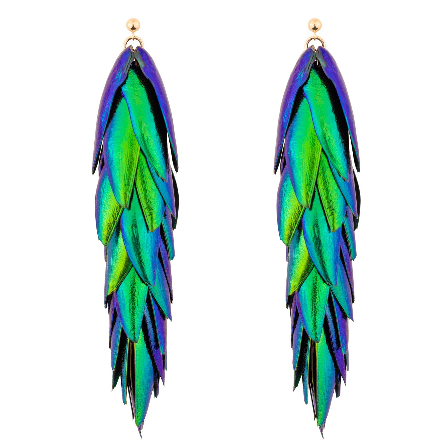 Beetle Wings Recycled Natural Metallic Green Extra Long Gold Ear Stud Earring