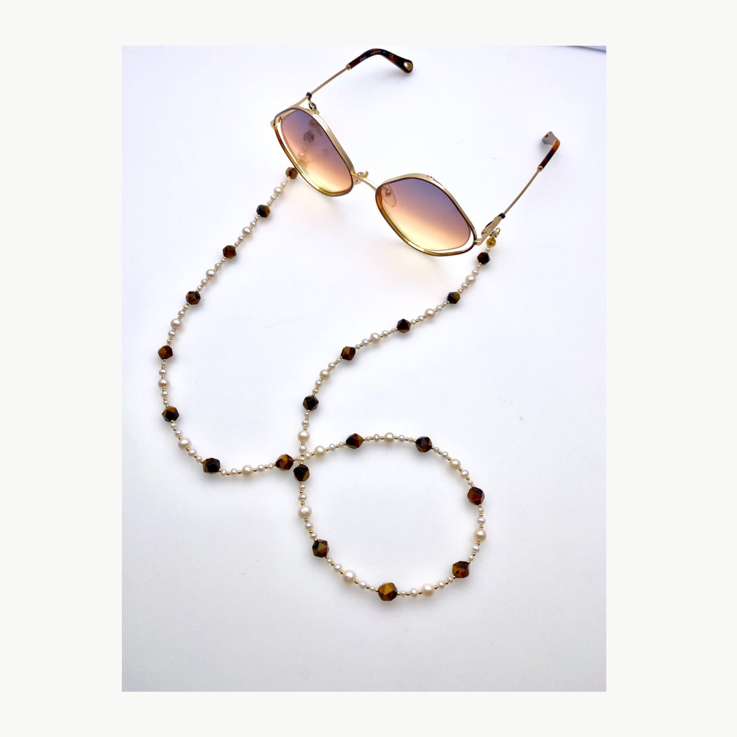 Removable Freshwater Pearls & Tiger Eye Glasses Chain